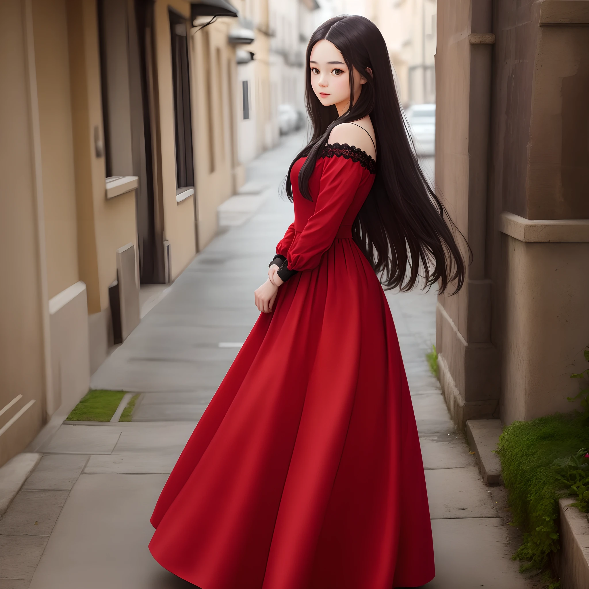 Girl wearing a long red dress,Long hair