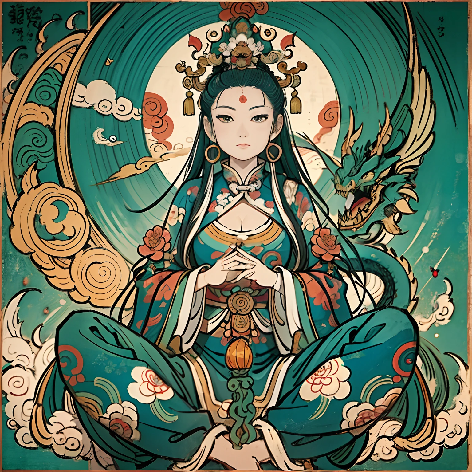 an ancient Chinese goddess, guanyin of the southern seas, Guanyin, Inspired by India, Avalokiteshvara rides a dragon,,Serene expression,shui mo hua,Buddha,Buddhist,Lotus,Chinese painting style,Thangka style