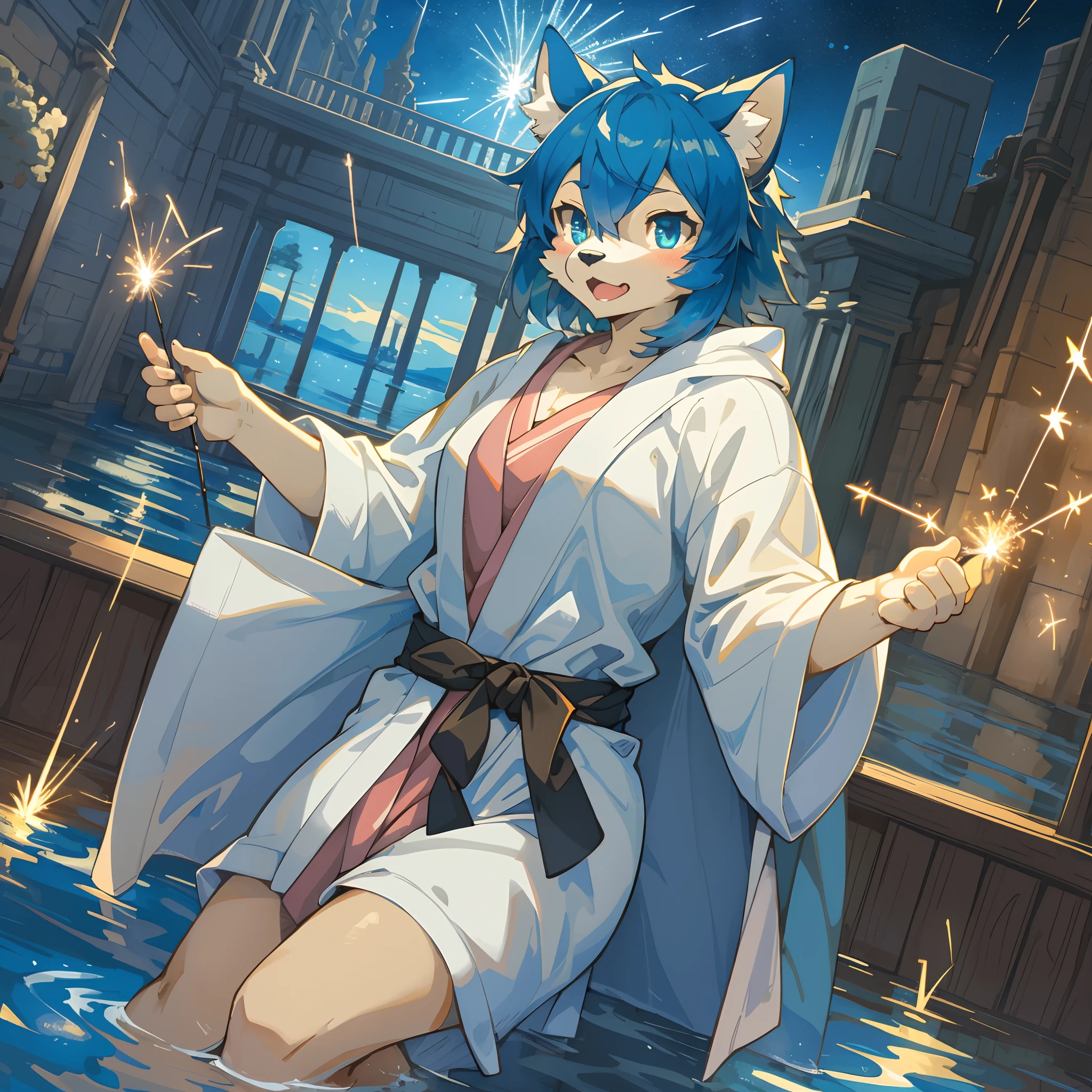 top quality, best quality, High-quality illustrations, masterpiece, super high resolution, detailed background, bathrobe, nigh sky, sparklers, lake, Water surface reflection, 6+boys, 6+girls, absurdres(highly detailed beautiful face and eyes)perfect anatomy, expression, good lighting, cinematic shadow(kemono, furry anthro)assorted poses, dynamic angle,