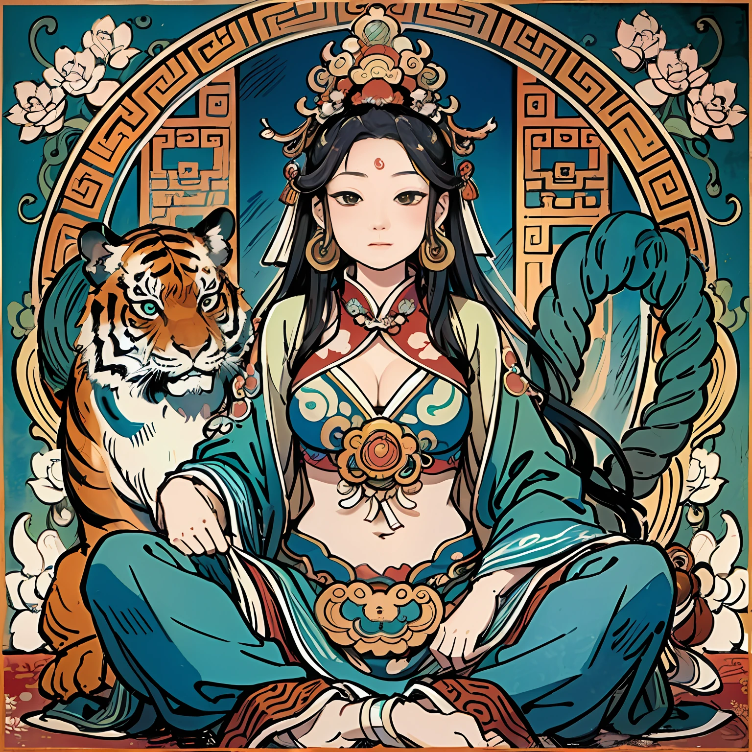 an ancient Chinese goddess, guanyin of the southern seas, Guanyin, Inspired by India, Avalokiteshvara rides a tiger，,Serene expression,shui mo hua,Buddha,Buddhist,Lotus,Chinese painting style,Thangka style
