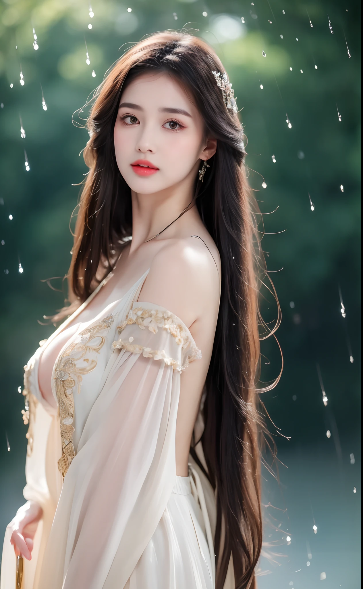((Best Quality, 8k, Masterpiece: 1.3)), Focus: 1.2, Perfect Body Beauty: 1.4, Buttocks: 1.2, ((Layered Haircut)), (Wet Clothes: 1.1), (Rain, Street:1.3), (Breasts: 1.2), (Hanfu: 1.2), Bare Shoulders, Bare Legs, Highly Detailed Face and Skin Texture, Fine Eyes, Double Eyelids, Whitened Skin, Long Hair, (Shut Up: 1.5), (Bokeh Background: 1.5), Big Breasts