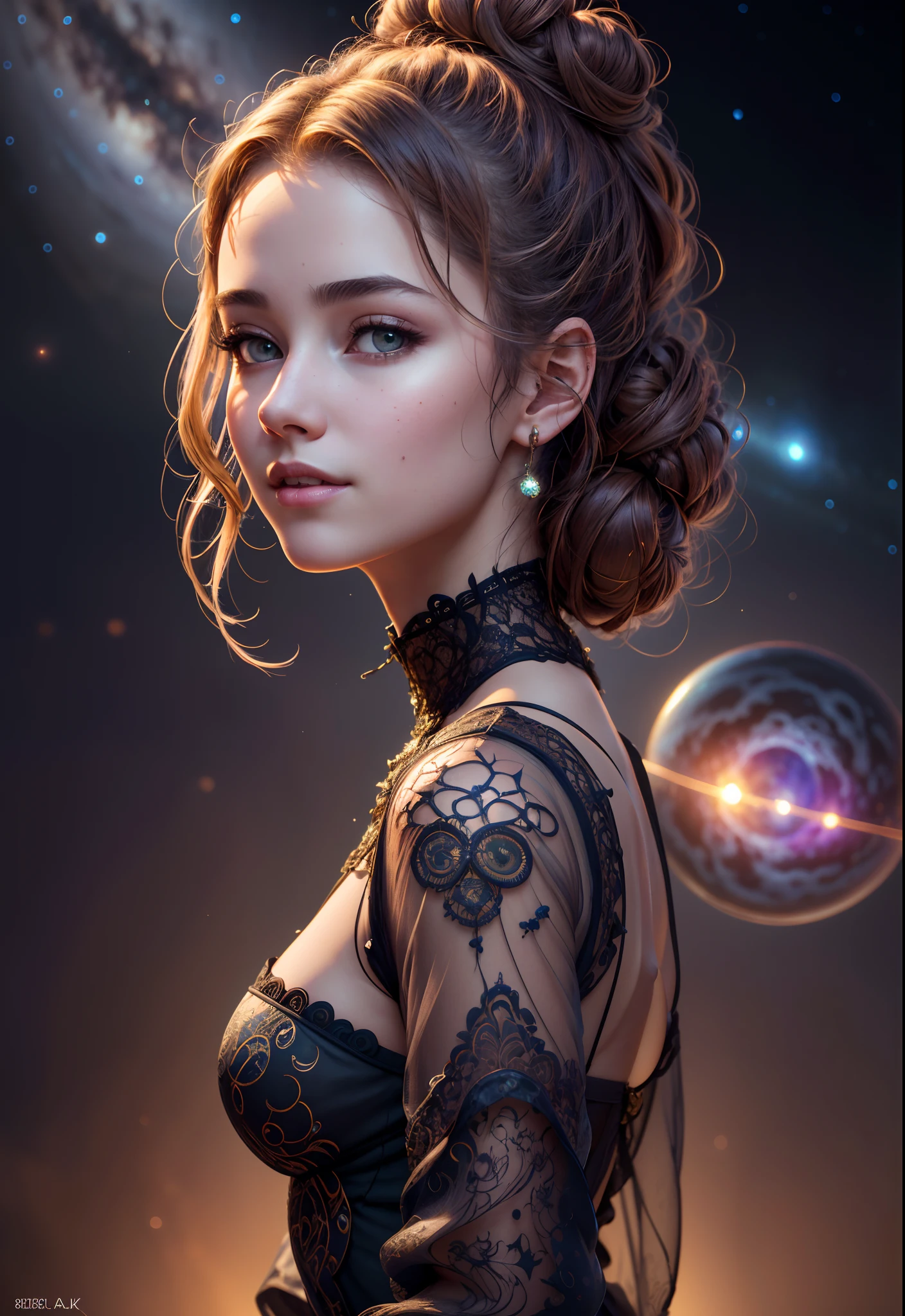 highres, shadows, absurdres, best_quality, ultra_detailed, 8k, extremely_clear, photograph, beautiful, sharp focus, hdr,
[(milky way (electricity, fractal, organic, virus, intricate, cosmic)) | (adult, perfect skin, female, looking away, portrait, upper body, smile, detailed eyes, sensual, stranded, beautiful light, hair bun) : 0.4], (highres, masterpiece, perfect lighting, bloom, cinematic lighting), Portfolio piece, RSEEmma, art by Jordan Grabuloski and Iskra Grabuloska, (intricate details:1.4)