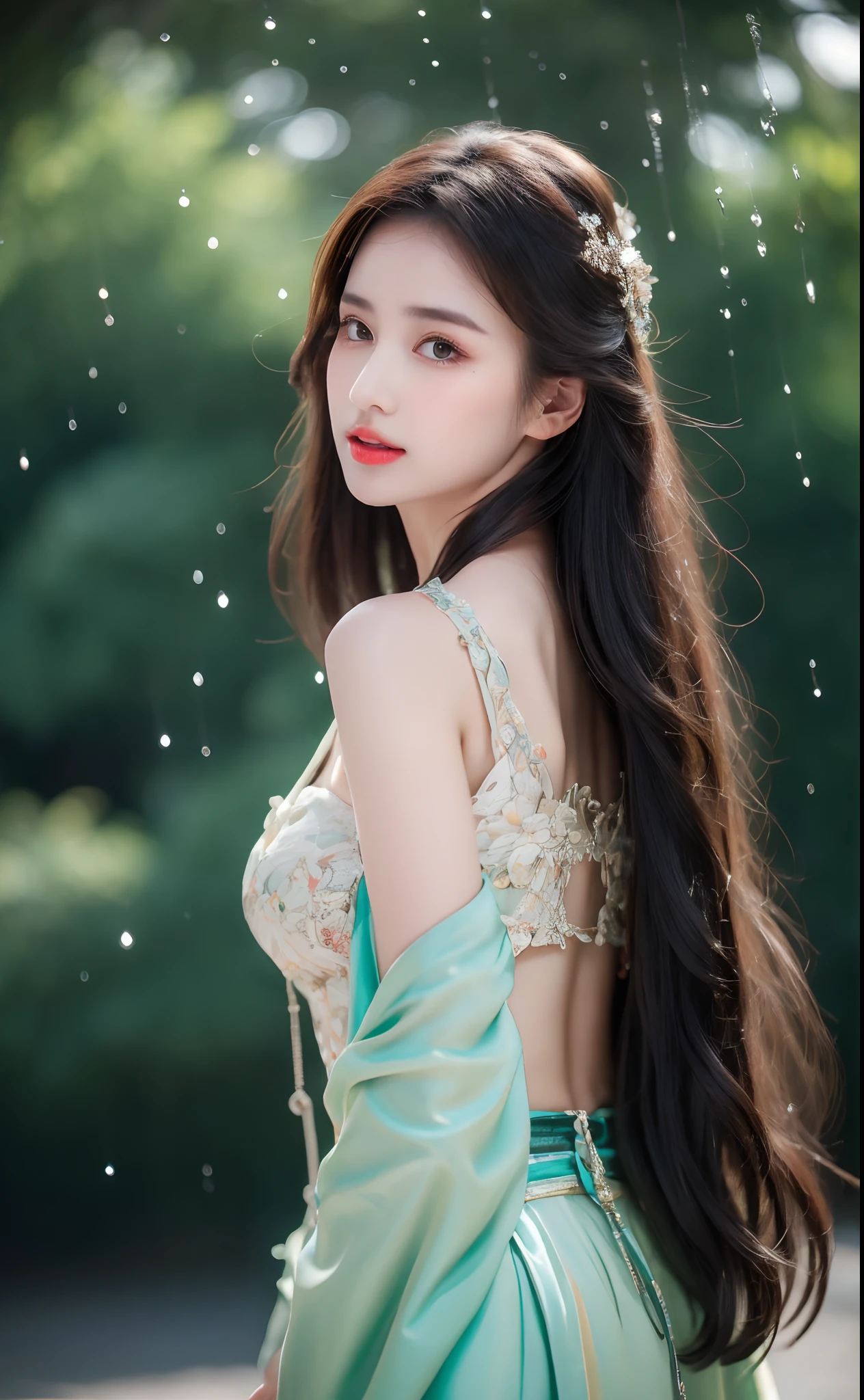 ((Best Quality, 8k, Masterpiece: 1.3)), Focus: 1.2, Perfect Body Beauty: 1.4, Buttocks: 1.2, ((Layered Haircut)), (Wet Clothes: 1.1), (Rain, Street:1.3), (Breasts: 1.2), (Hanfu: 1.2), Bare Shoulders, Bare Legs, Highly Detailed Face and Skin Texture, Fine Eyes, Double Eyelids, Whitened Skin, Long Hair, (Shut Up: 1.5), (Bokeh Background: 1.5), Big Breasts