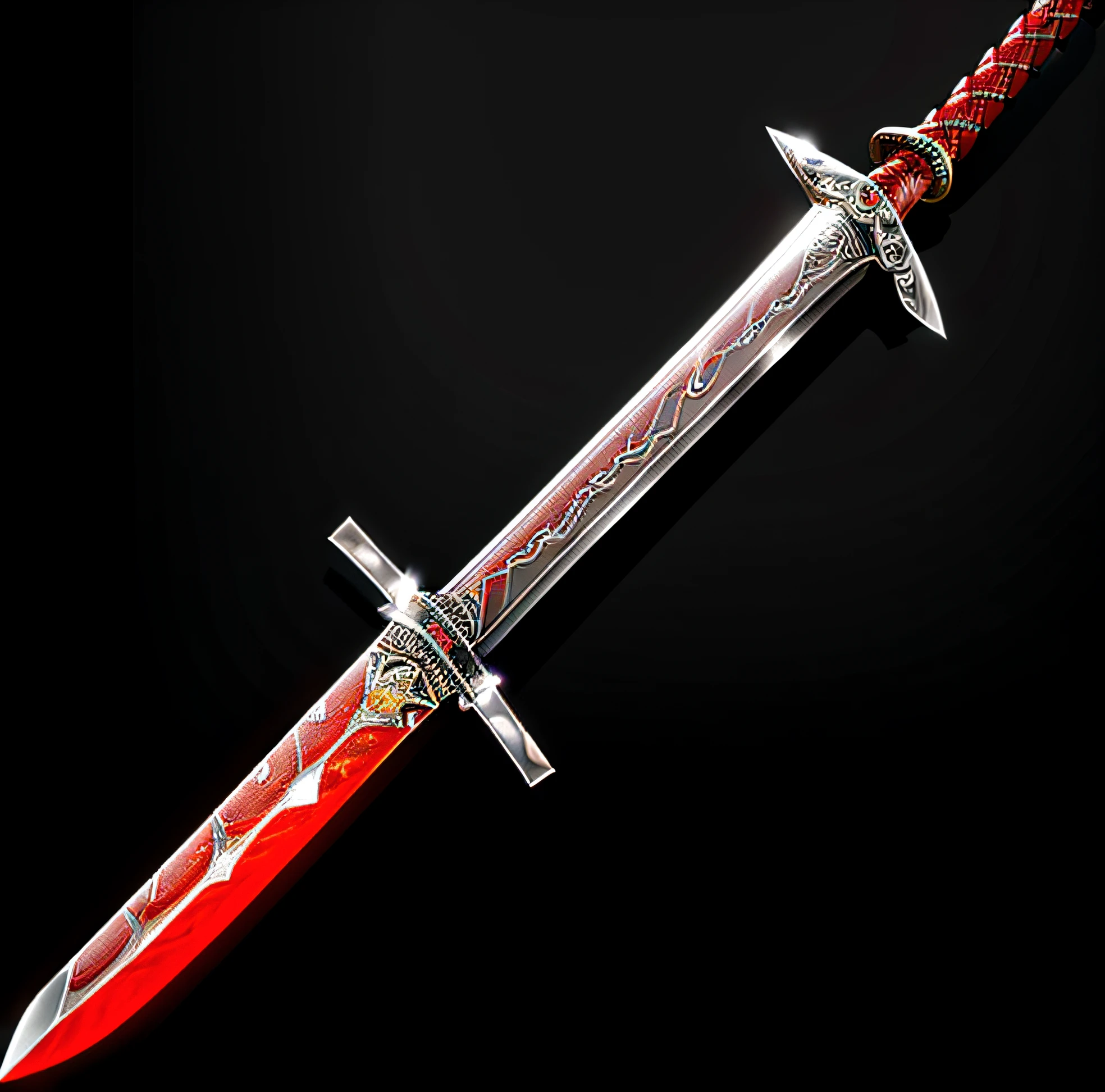 Close-up of sword with red handle on black background, jiang sword, shinning sword, beautiful sword, big sword, A broadsword, Shining sword, sword, shining silver katana sword, armored sword blade, large sword, steel sword, fantasy sword of warrior, big sword, fantasy sword, An evil sword, Long sword, silver sword