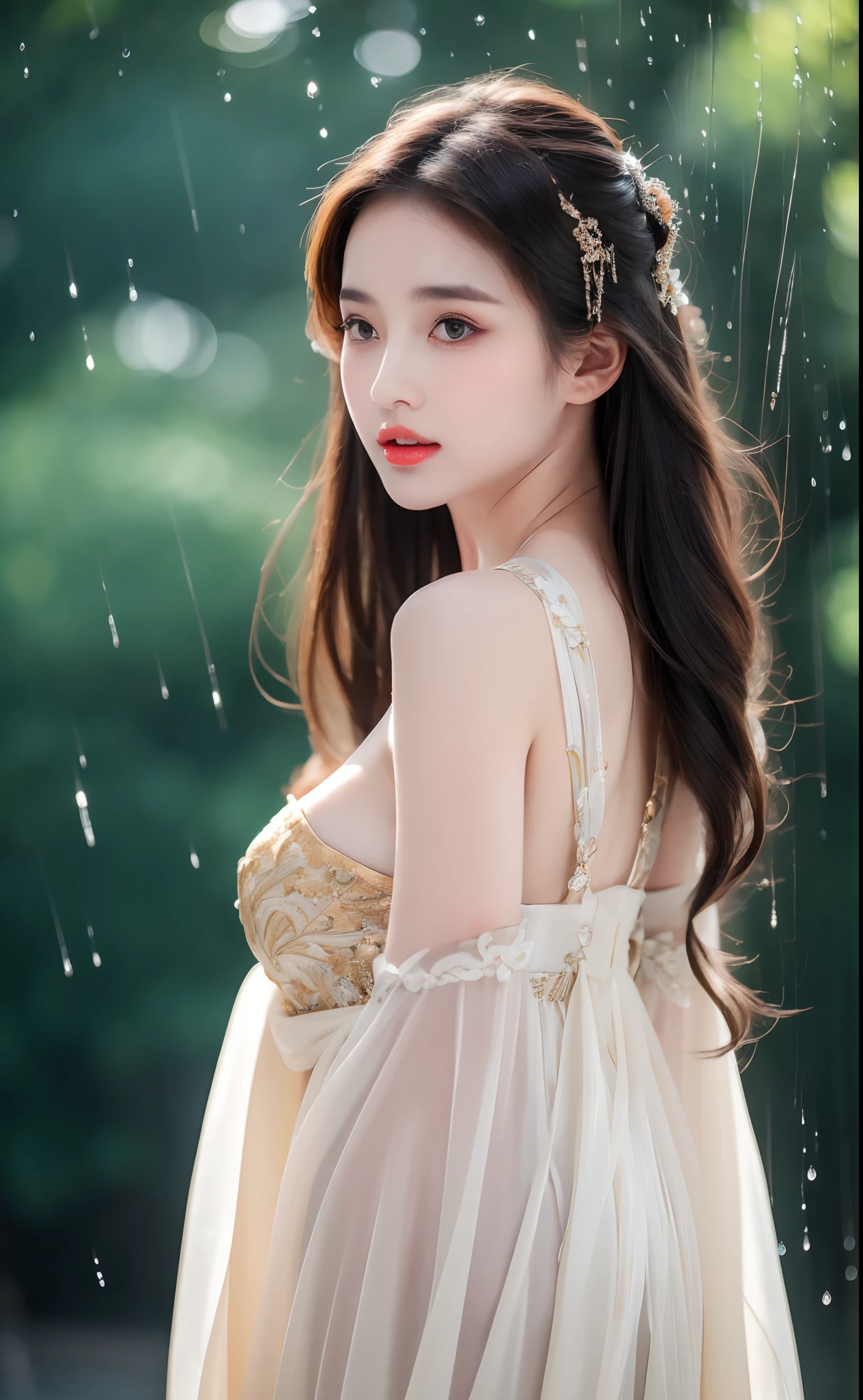 ((Best Quality, 8k, Masterpiece: 1.3)), Focus: 1.2, Perfect Body Beauty: 1.4, Buttocks: 1.2, ((Layered Haircut)), (Wet Clothes: 1.1), (Rain, Street:1.3), (Breasts: 1.2), (Hanfu: 1.2), Bare Shoulders, Bare Legs, Highly Detailed Face and Skin Texture, Fine Eyes, Double Eyelids, Whitened Skin, Long Hair, (Shut Up: 1.5), (Bokeh Background: 1.5), Big Breasts