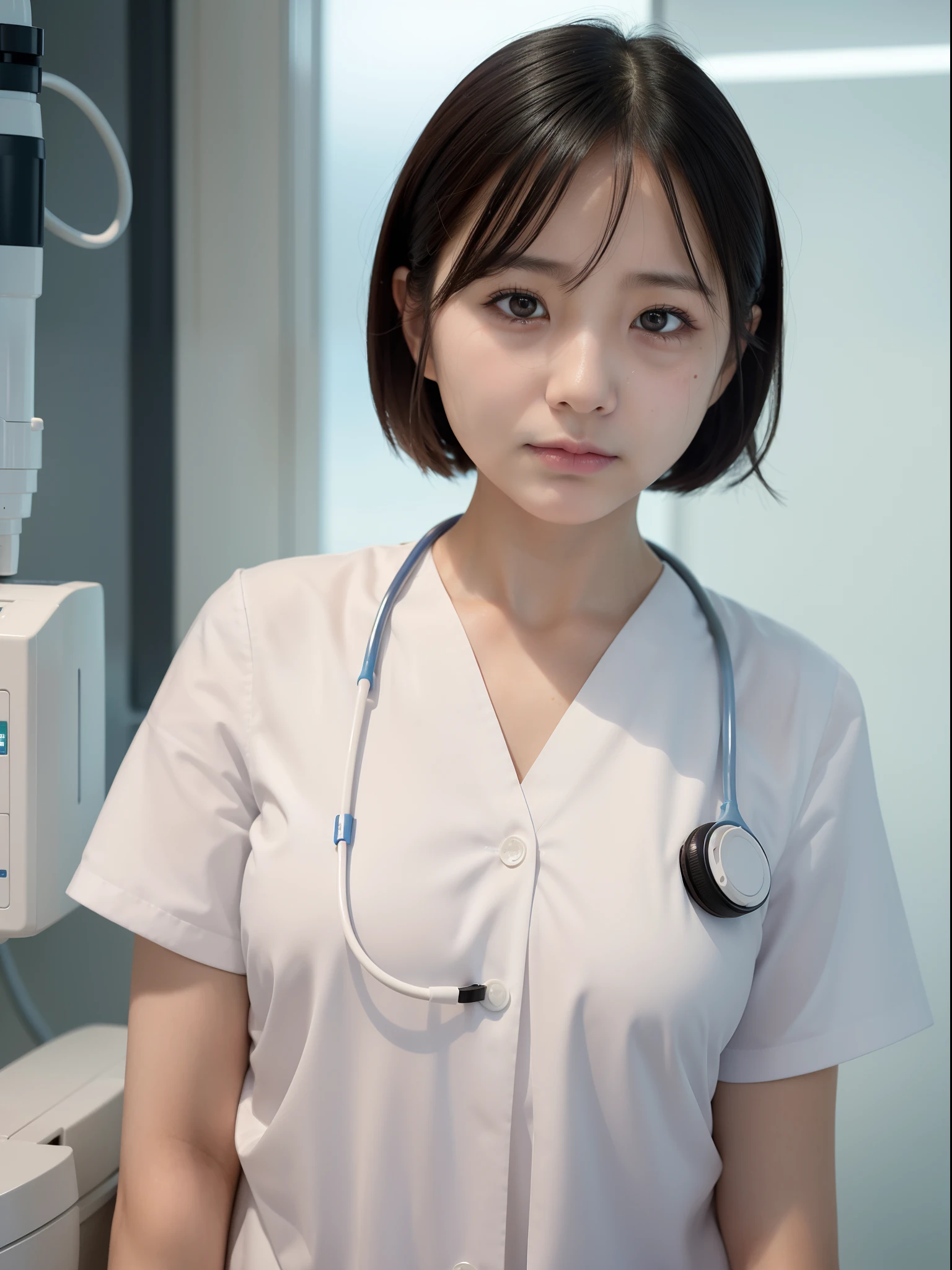 1 girl, a matural female, Nurse, Low steamed bun, Photo, Realistic, Best Quality, Hires, Detailed face, from below, Hospital, Detailed background, diffuse sunlight, depth of fields, Bokeh, medical equipment, anesthesia machine,