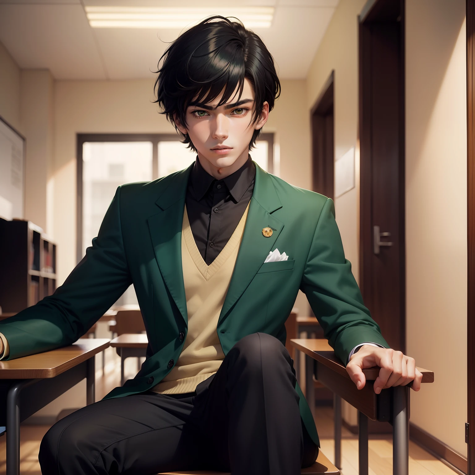 Anime masterpiece, top-tier quality: 1 character, an 18-year-old male student, wearing a vibrant green blazer, seated in a school setting, with sleek black hair, expressive brown eyes, and a stylish bob cut hairstyle.