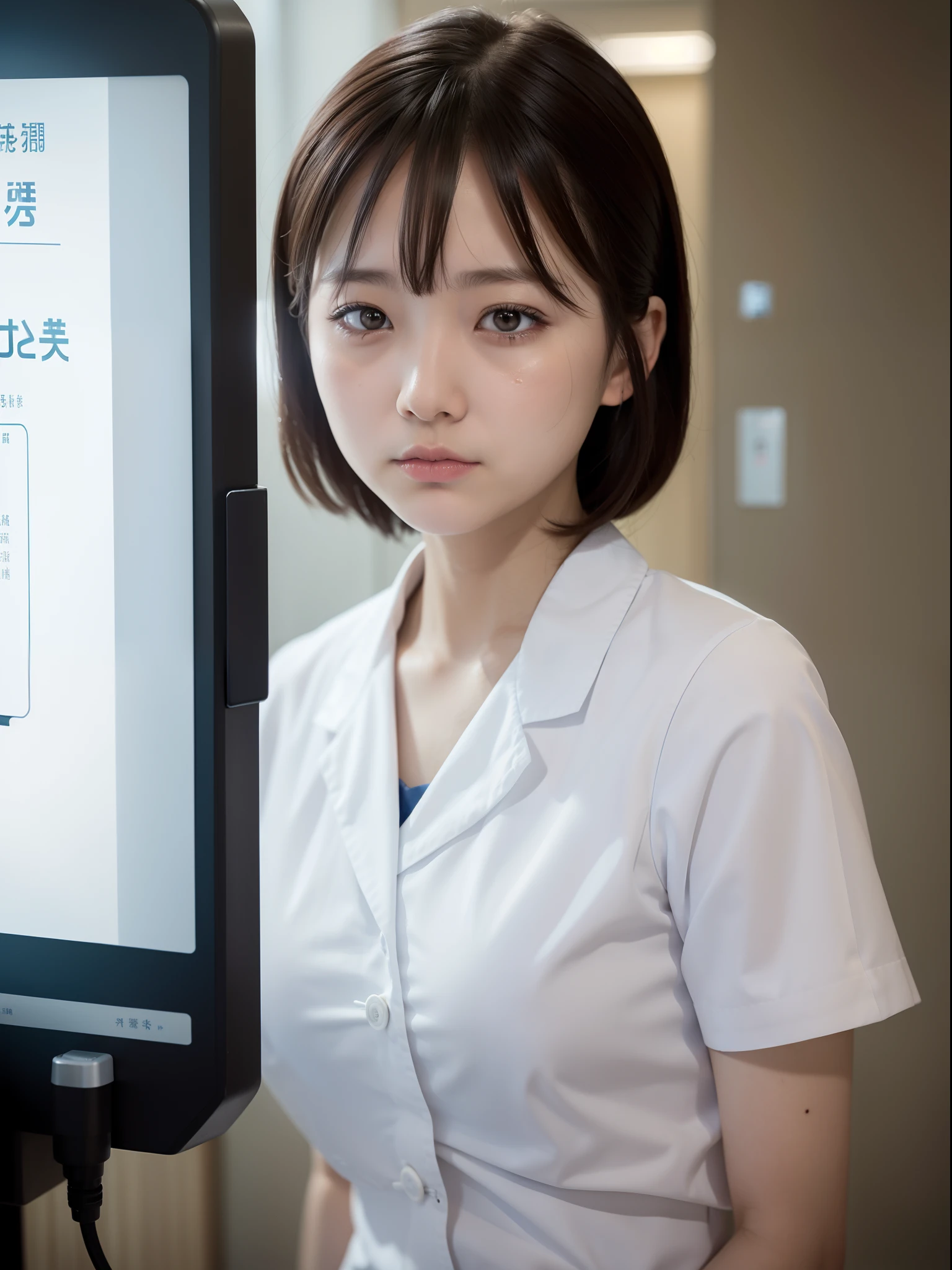 1 girl, a matural female, Nurse, Low steamed bun, Photo, Realistic, Best Quality, Hires, Detailed face, sad, water eye, cry, hospital, Detailed background, diffuse sunlight, depth of fields, Bokeh, medical equipment, Anesthesia machine, sad, water eye, cry,