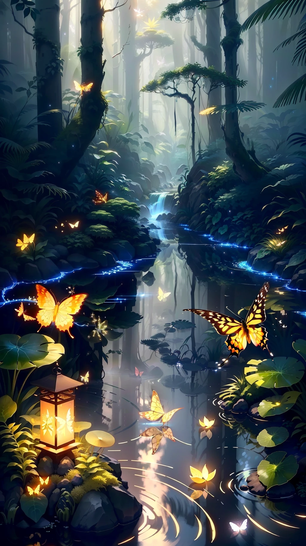masterpiece、best qualtiy、Stunning reflections、Best reflection ever。 (Highly detailed CG Unity 8k wallpapers)、(top-quality)、(The best illustrations)、(Best Shadows)、Forest theme with natural elements、Tall trees々、Quiet creek、Tranquil waterfall、Small glowing mushrooms surrounded by delicate leaves and branches、Fantasy world、Fireflies and glowing particle effect、、(Natural elements)、(Jungle theme)、(fronds)、(Twigs)、(fireflys)、butterflys、(delicate)fronds)、(Glow)、(particle effect)。 、Isometric 3D、Octane Rendering、lay tracing、ultra-detailliert