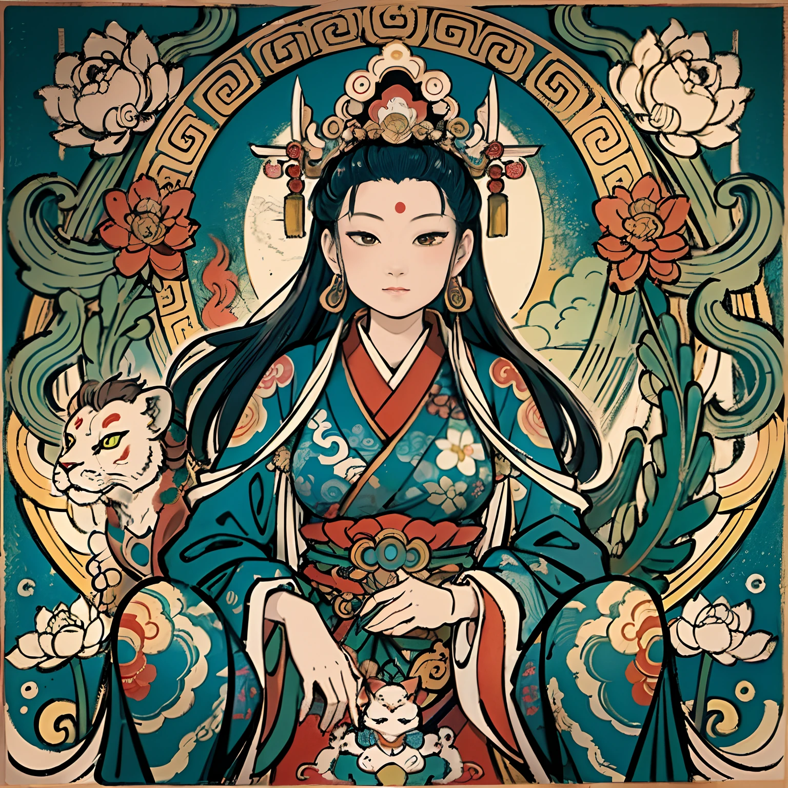 an ancient Chinese goddess, guanyin of the southern seas, Guanyin, Inspired by India, Avalokiteshvara rides a lion,,Serene expression,shui mo hua,Buddha,Buddhist,Lotus,Chinese painting style,Thangka style