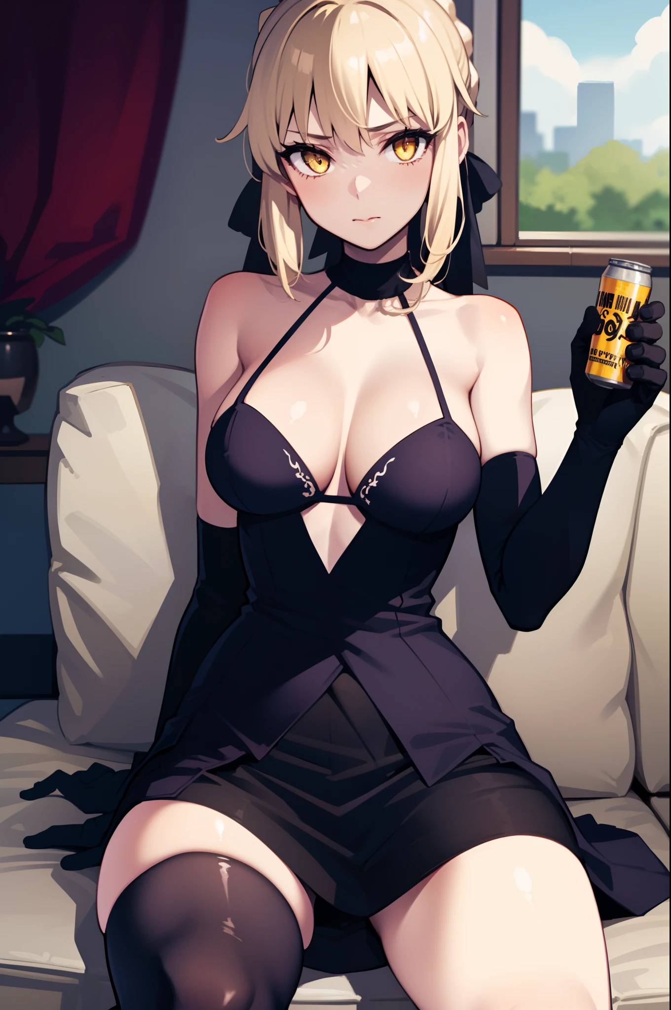 masterpiece,best quality, 1girl, solo,pale skin, blonde hair,yellow eyes,abaltst4, braid, black dress, black thighhighs, black gloves, elbow gloves, cleavage,sitting, on couch,(can in hand,holding can),indooindoor