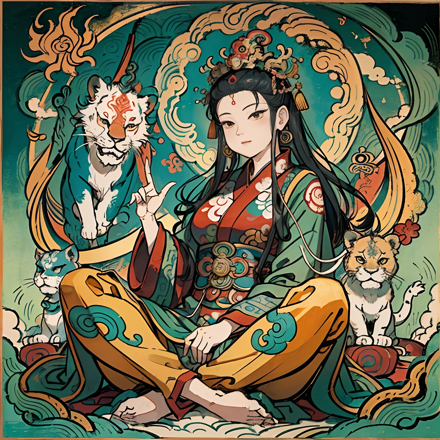 an ancient Chinese goddess, guanyin of the southern seas, Guanyin, Inspired by India, Avalokiteshvara rides a lion,,Serene expression,shui mo hua,Buddha,Buddhist,Lotus,Chinese painting style,Thangka style