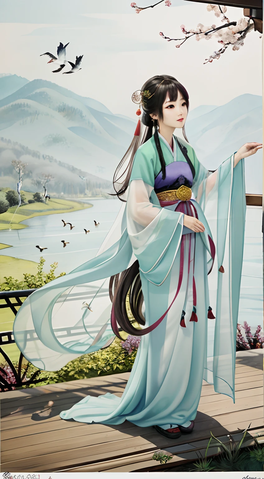 Chinese beauty standing by the river，Mid-range vision，Flowing silk，（Detailed and perfect facial details），Flowing silky hair，Pavilion，the trees，Flying birds，The vista is mountains，(Ink painting style is strong)，Clean colors，Decisive cut，Leave white space，impressionistic，tmasterpiece，（8k wallpaper），（Extremely meticulous and perfectly detailed painting），Epic composition，high high quality，HighestQuali，Master works of painting，realisticlying，Inspired by：《Suzhou Garden》，Ray