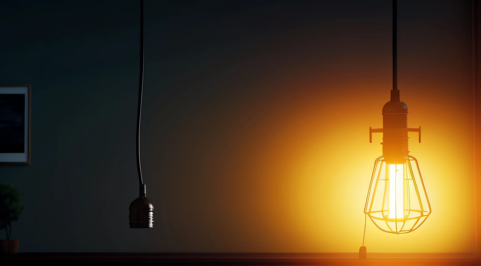 /imagine prompt: An old tungsten lamp hanging in the center of the room with a black wire, emitting a faint and dim light, by Makoto Shinkai --niji 5