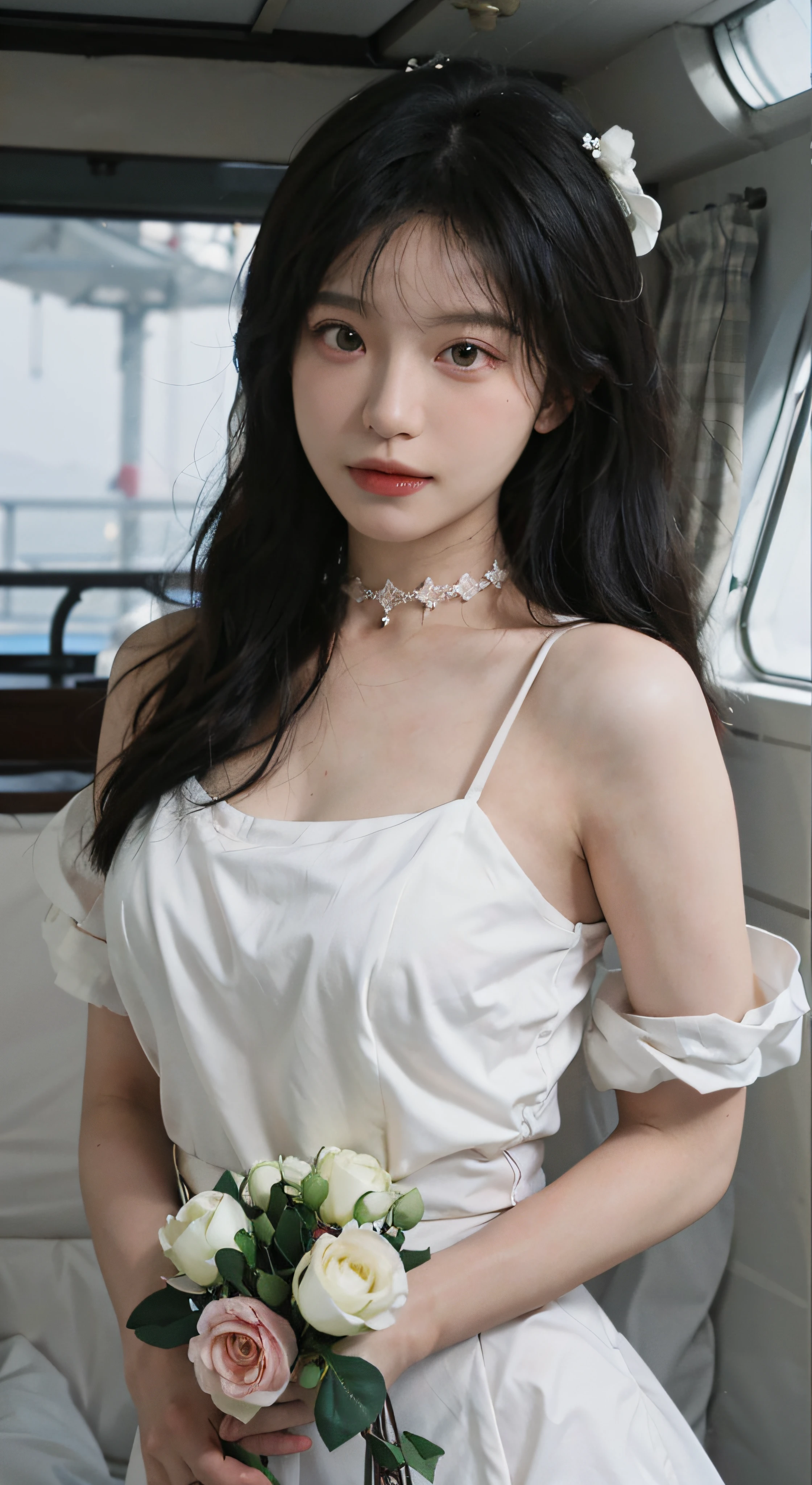 best qualtiy,tmasterpiece,超高分辨率,(realisticlying:1.4),1girll,Large wavy curls,二重まぶた,A pair of peach blossom eyes,Snow white wedding dress,Pure,choker necklace,adolable,Snow-white translucent skin,head straight-looking at viewer,On the yacht,Full of atmosphere,hair pin:1.4,(The upper part of the body:1.4),
