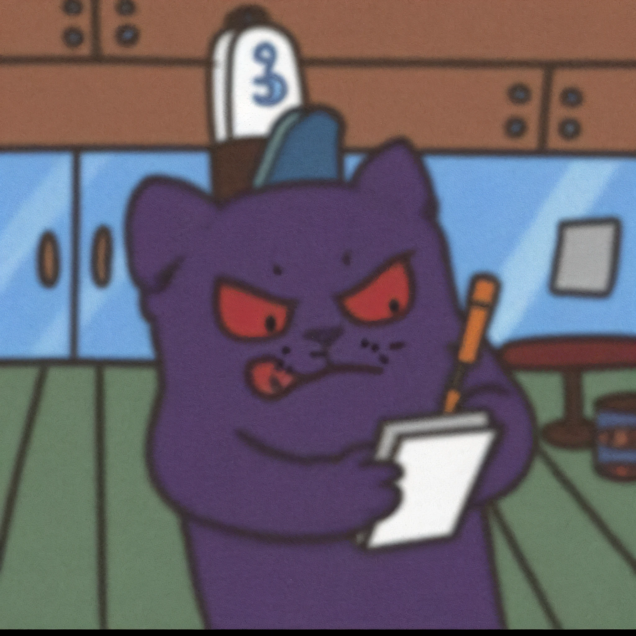 A cartoon of a cat holding a piece of paper and a pen, trying to study, grimace, Red Dieter meme, subreddit / r / whale, Purple cat, Evil masterminds, An angry expression, Heavy heart, gengar, as a d & d monster, thicc, research, Evil expression, Safebooru anime image, Gloomy and depressed