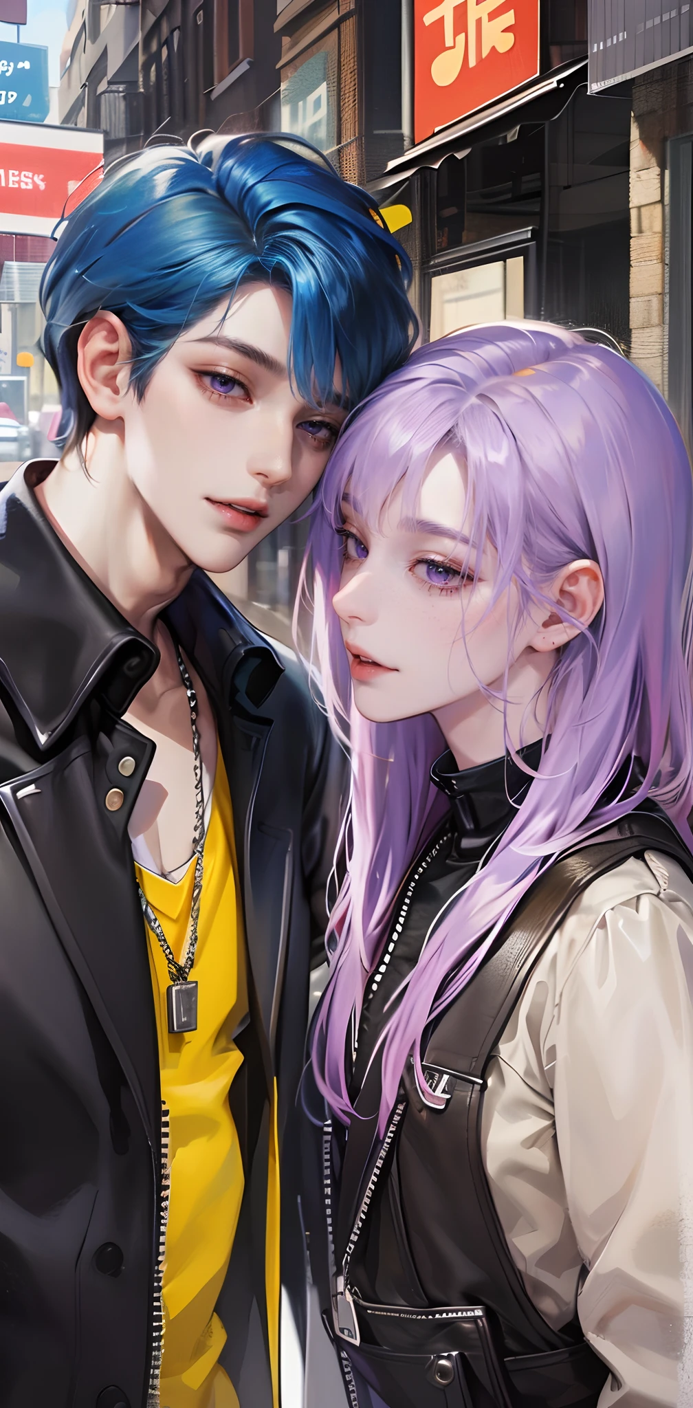 masterpiece, top-quality, 2Others, Male couple, 1 man and 1,, Adults, Height difference, different fashion, different color, finely eye and detailed face, intricate detailes, Casual clothing, Oversized shirt, Modern urban streets, A smile, Happiness, tenderness, queers, high-level image quality、 Two beautiful men、tall、The upper part of the body、nightfall、nighttime scene、𝓡𝓸𝓶𝓪𝓷𝓽𝓲𝓬、Korean Male, Idol Photos, k pop, Professional Photos, Vampires, Korean fashion in black and white, Fedoman with necklace, inspired by Sim Sa-jeong, androgynous vampire, :9 detailed face: 8, extra detailed face, detailed punk hair, ((eyes are brown)) baggy eyes, Seductive. Highly detailed, semi realistic anime, Vampires, hyperrealistic teen, delicate androgynous prince, imvu, short hair above the ears, Man with short hair, With a purple-haired man with a wild expression, Man with light blue hair with gentle expression, With a short-haired man with bright purple hair, Man with light blue hair