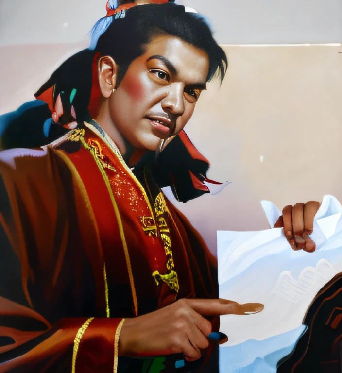 Man in traditional Chinese costume points to painting