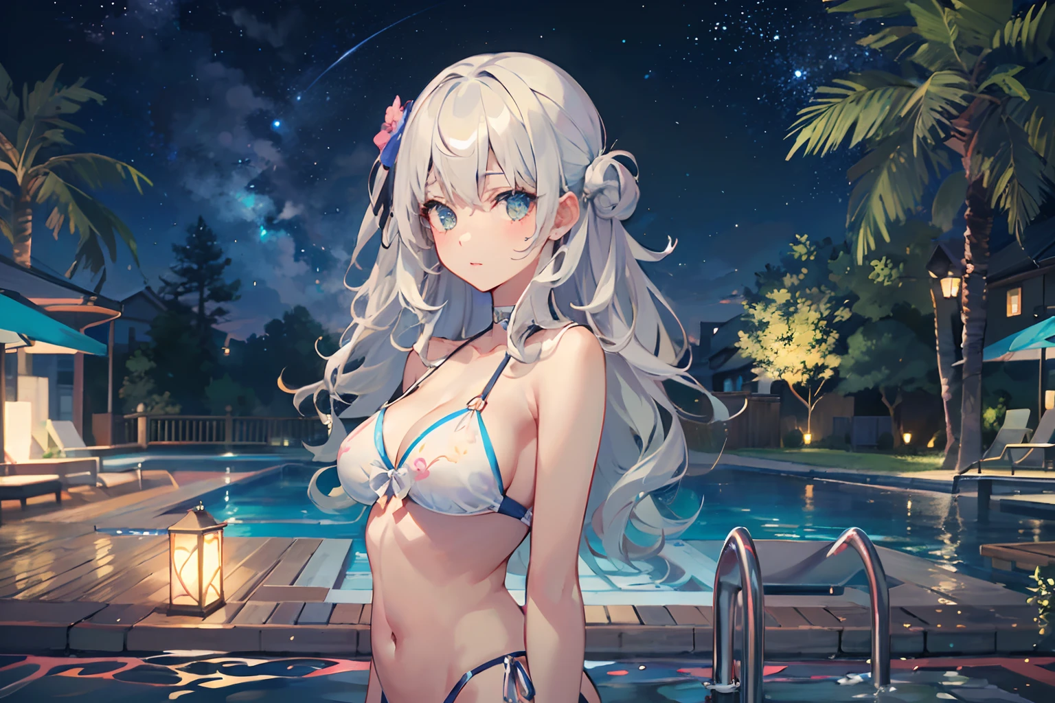 ((Best Quality)), (Ultra-detailed), ((Extremely detailed)), (Beautiful), ((Kawaii Girl)),(two side up hair),Platinum Blonde Hair,Long hair, hair between eye, Wavy Hair, Long sideburns,Jade-colored eyes, White skin,Normal Chest,Slender body,Cross Halter Bikini,Sandals,one woman,background a pool, Night, nighttime scene, Starry sky,