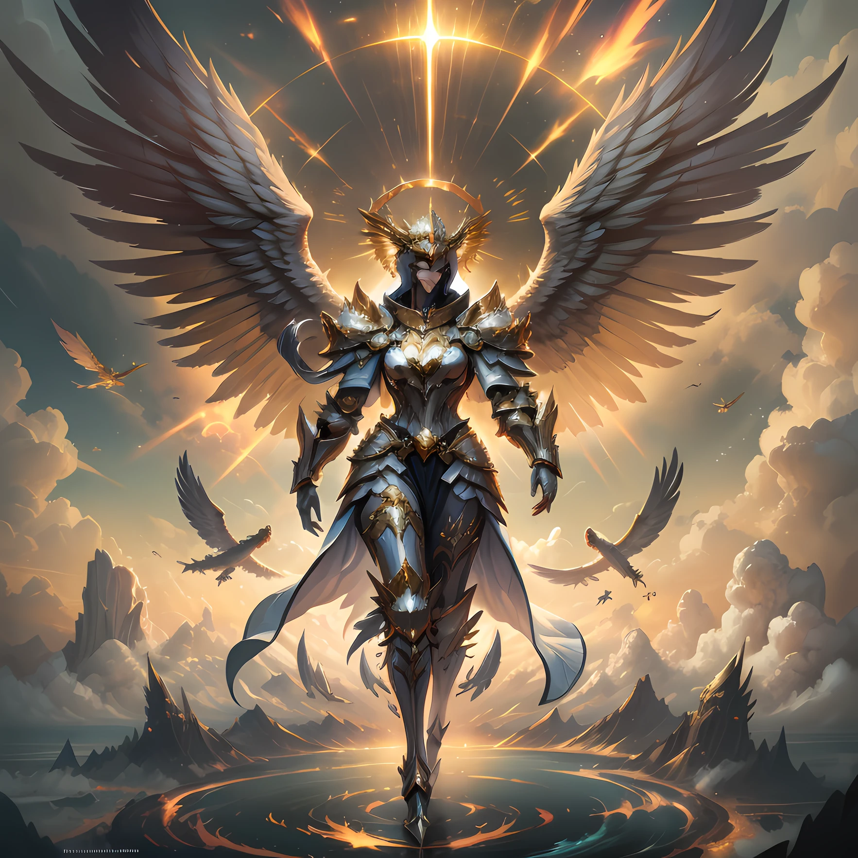 Golden armored angel, wings made of energy, metal halo, no face, hooded, gold, fantasy, concept art, ultra realistic, character art by greg rutkowski
