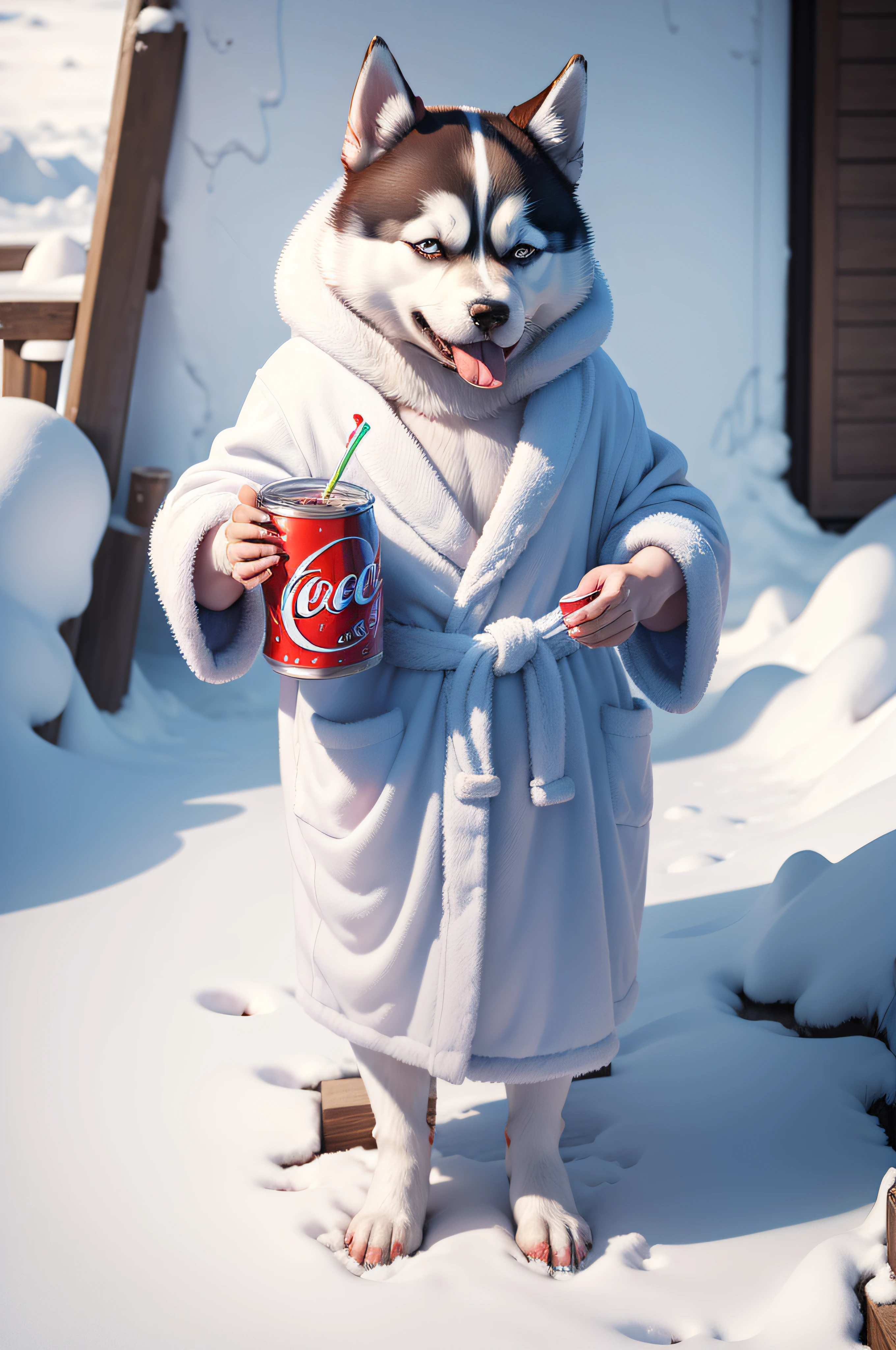 Puppy
Siberian Husky, drinking soda, very cold, wearing bathrobe, cold, vibrant colors, strong 8k, realistic, fine lines,