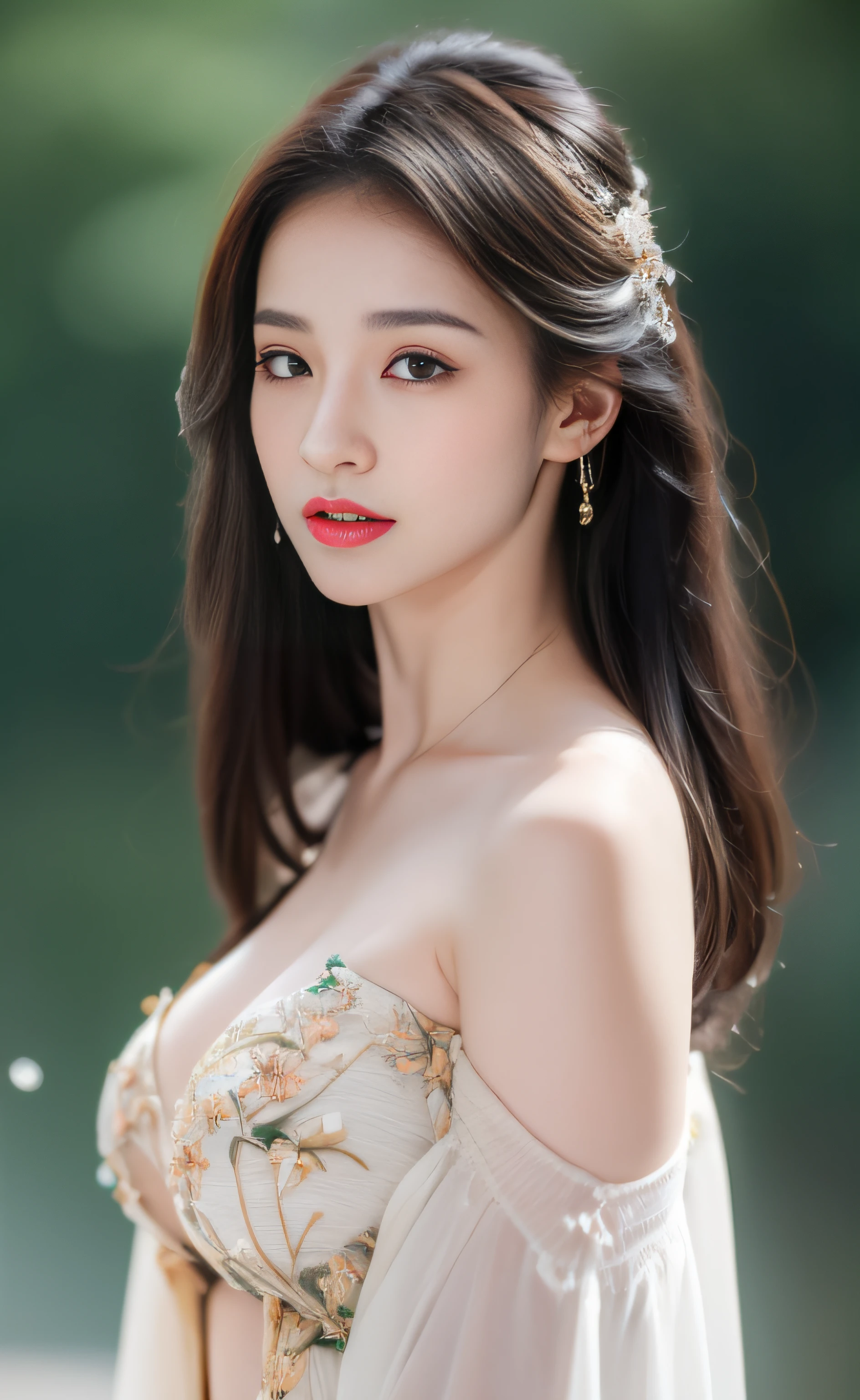 ((Best Quality, 8k, Masterpiece: 1.3)), Focus: 1.2, Perfect Body Beauty: 1.4, Buttocks: 1.2, ((Layered Haircut)), (Wet Clothes: 1.1), (Rain, Street:1.3), (Breasts: 1.2), (Hanfu: 1.2), Bare Shoulders, Bare Legs, Highly Detailed Face and Skin Texture, Fine Eyes, Double Eyelids, Whitened Skin, Long Hair, (Shut Up: 1.5), (Bokeh Background: 1.5), Big Breasts