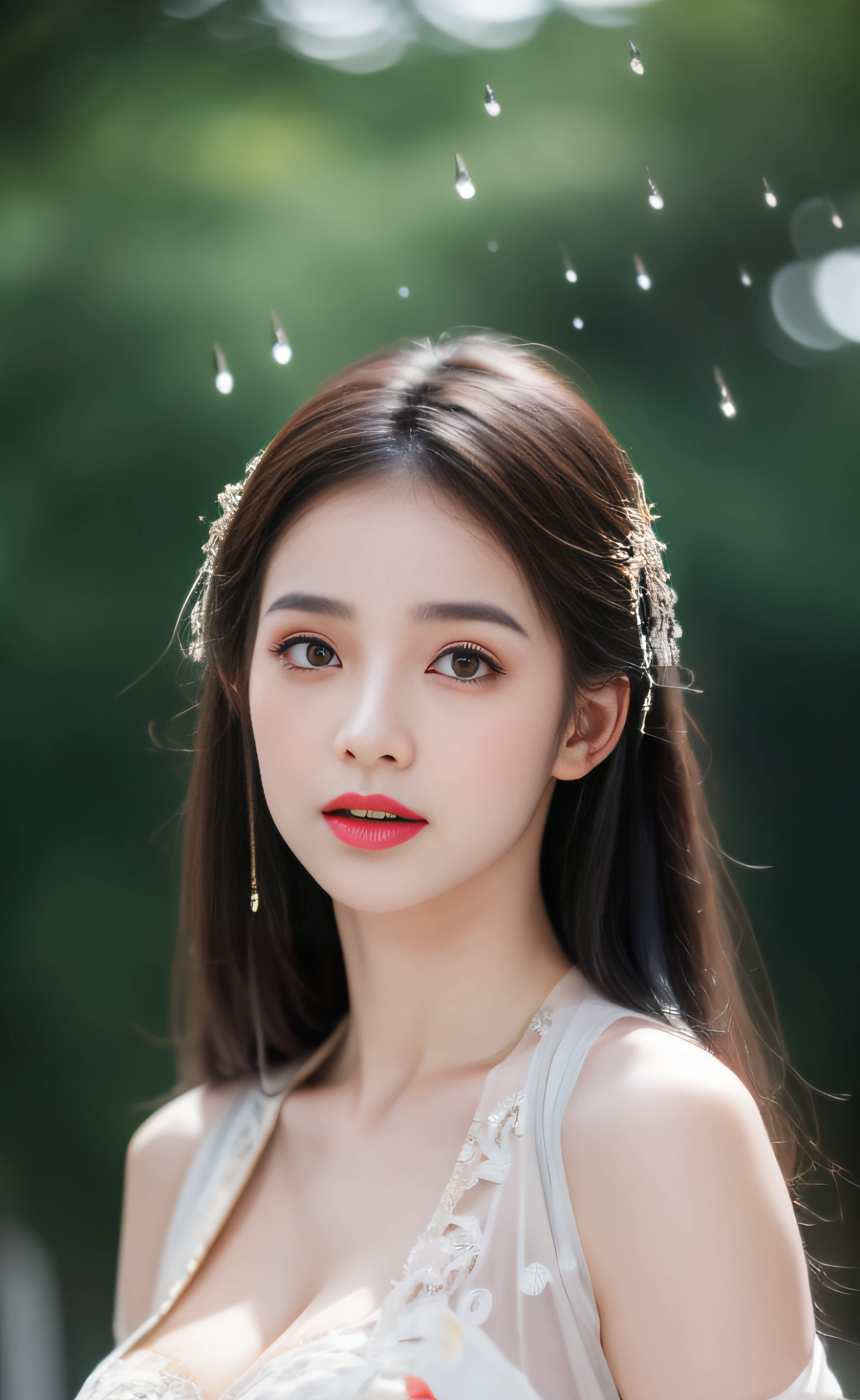 ((Best Quality, 8k, Masterpiece: 1.3)), Focus: 1.2, Perfect Body Beauty: 1.4, Buttocks: 1.2, ((Layered Haircut)), (Wet Clothes: 1.1), (Rain, Street:1.3), (Breasts: 1.2), (Hanfu: 1.2), Bare Shoulders, Bare Legs, Highly Detailed Face and Skin Texture, Fine Eyes, Double Eyelids, Whitened Skin, Long Hair, (Shut Up: 1.5), (Bokeh Background: 1.5), Big Breasts