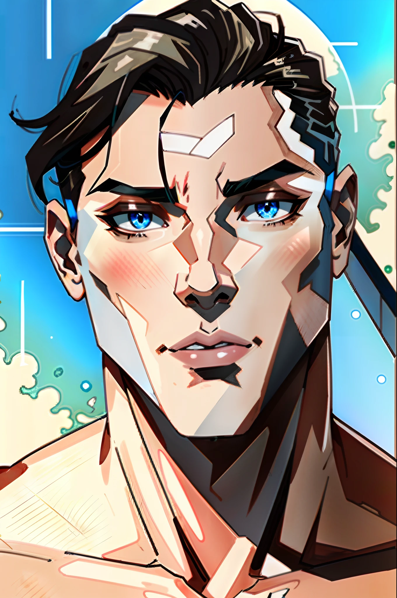 best quality, masterpiece, amazing details, (handsome dark skinned muscular young man with curly brown hair), skimpy low rise blue thong, bulge, penis outline, climbing out of hotel resort swimming pool, wet body, dripping wet, asian man with black hair in the background looking at him, perfect fingers, no watermark, no logo, no signature