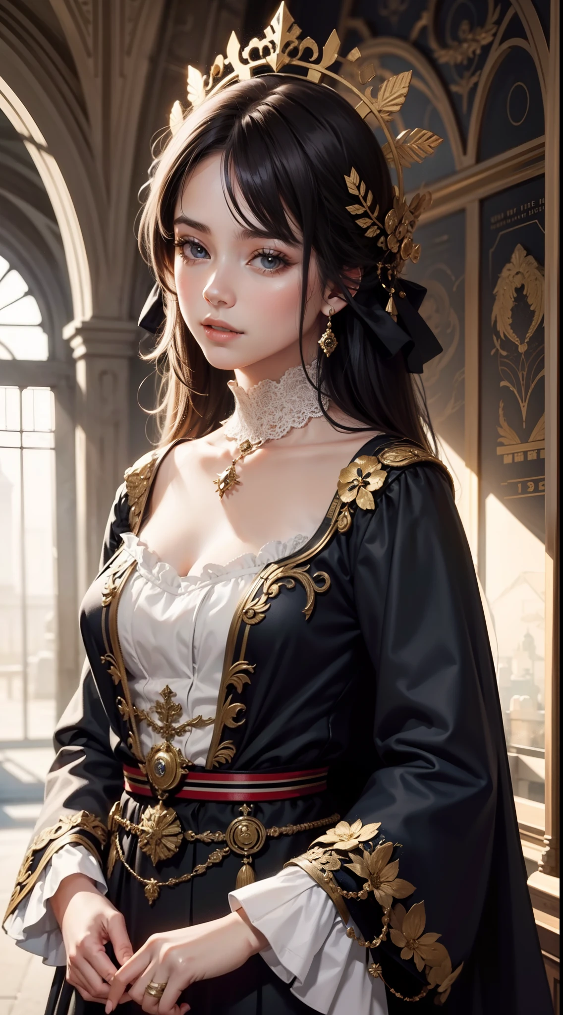 Beautiful woman in intricate Historical Military-Inspired Outfit