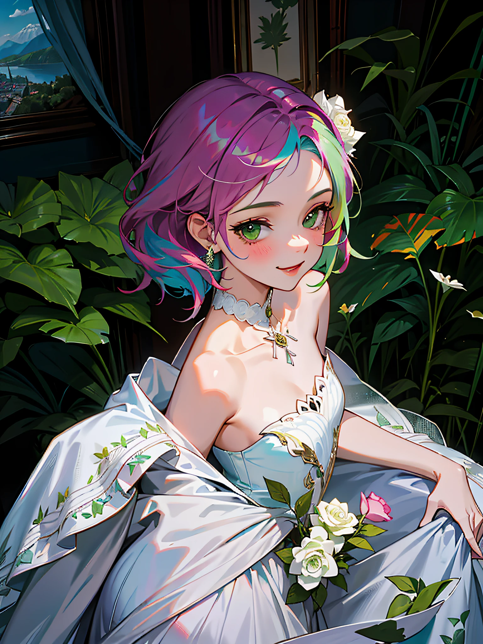 1girll, 22yo, (Skinny:1.1), Bride, Sexy, Cute, Smiling, (Dreamy green plant sleeveless dress (composed (plant))), V-neckline, multicolored hair, Rose crown, Too many details, Complex details, (Best quality, Masterpiece, 4K, hdr:1.1), (pastel colour:1.2), Dramatic, (rootkowski, art stations:0.8),Green hair,Vampire girl
Movie, cinematic ligh, (rays of sunshine:0.6), (Best shadow:0.7),
landscape, Mountains,