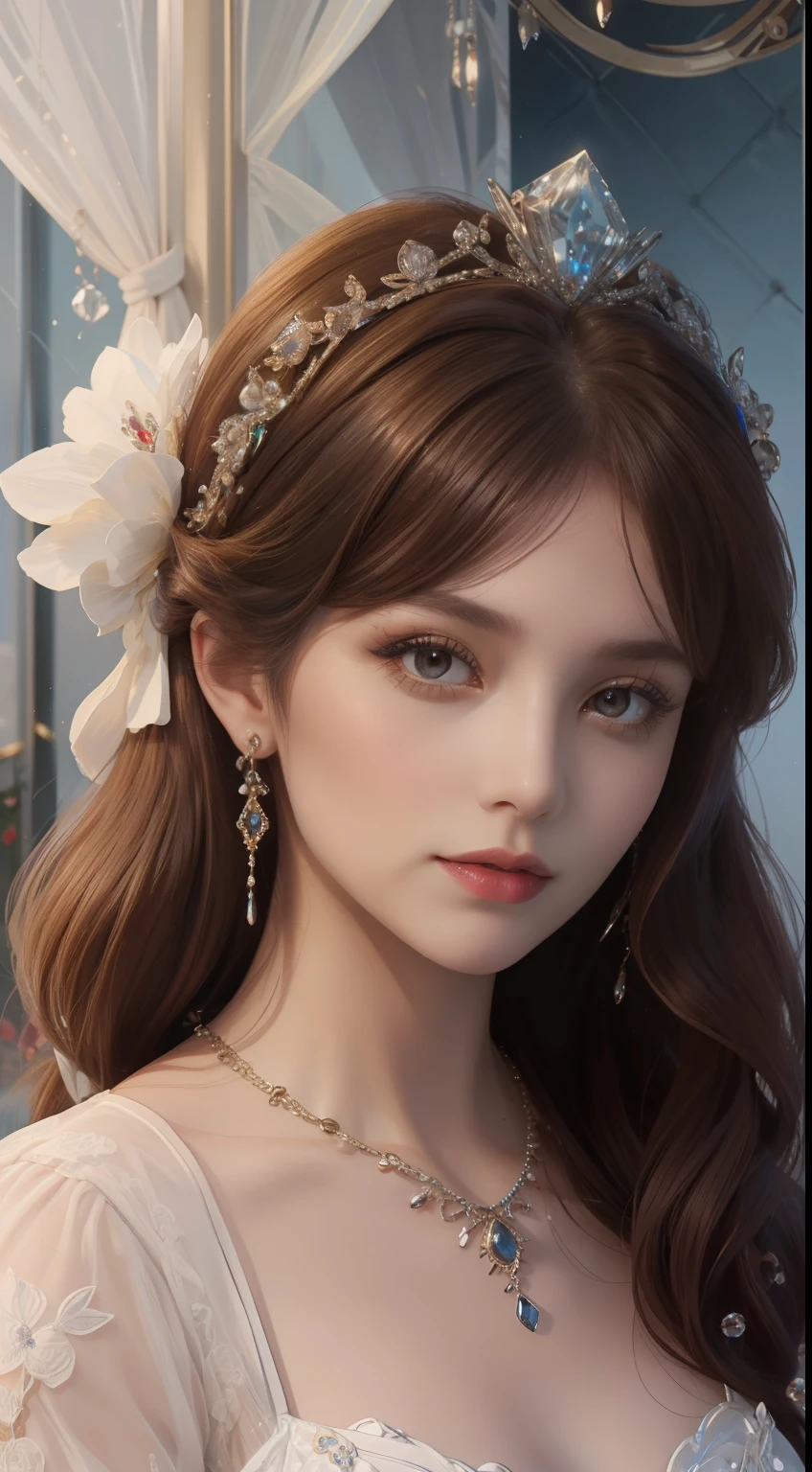 tmasterpiece,Highest image quality,A bust of a beautiful royal maiden,Delicate reddish-brown hairstyle,Black eyes are crystal clear,Exquisite craft jewelry,Decorate with flowers,Jewelry earrings,super detailing。