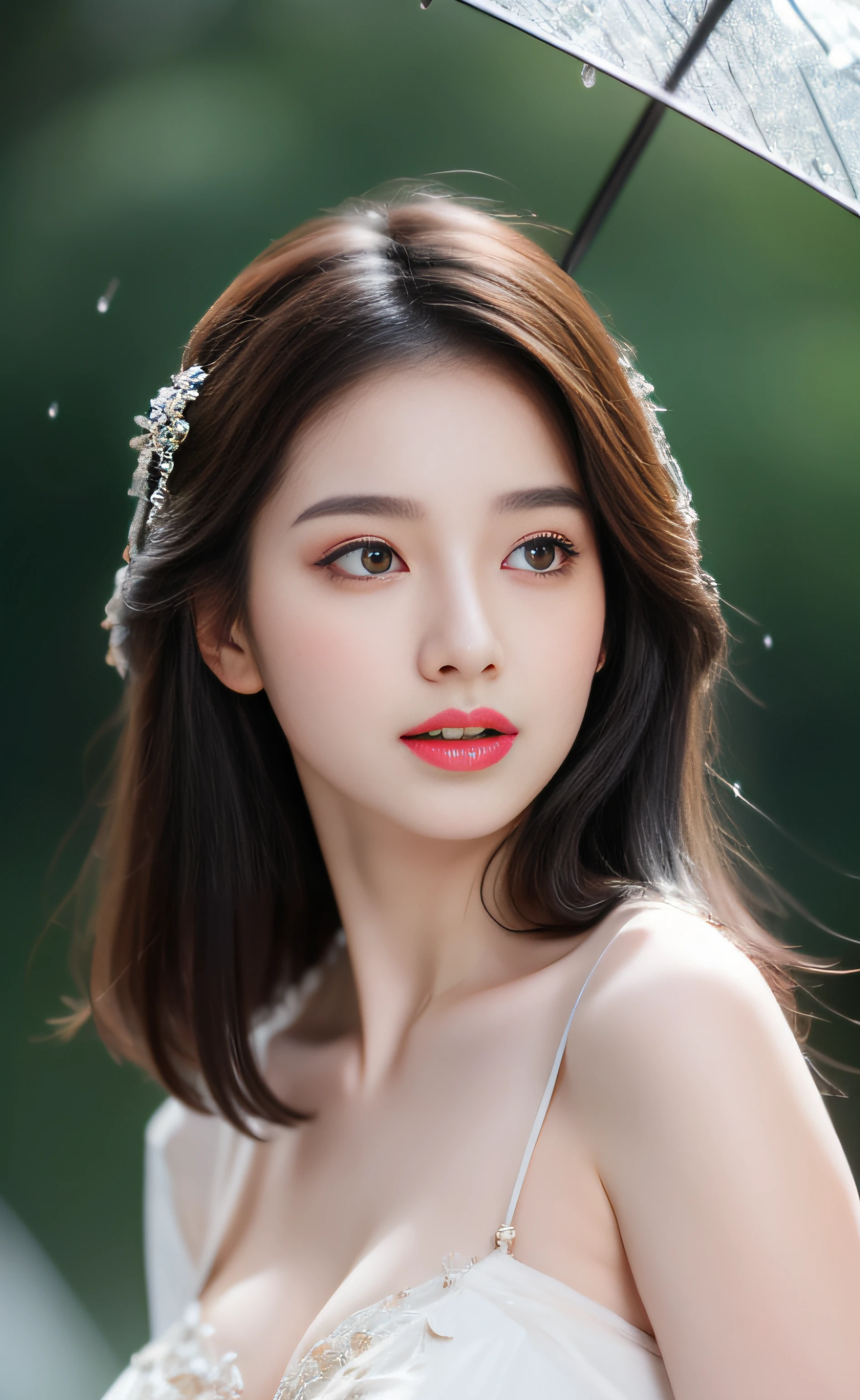 ((Best Quality, 8k, Masterpiece: 1.3)), Focus: 1.2, Perfect Body Beauty: 1.4, Buttocks: 1.2, ((Layered Haircut)), (Wet Clothes: 1.1), (Rain, Street:1.3), (Breasts: 1.2), (Hanfu: 1.2), Bare Shoulders, Bare Legs, Highly Detailed Face and Skin Texture, Fine Eyes, Double Eyelids, Whitened Skin, Long Hair, (Shut Up: 1.5), (Bokeh Background: 1.5), Big Breasts