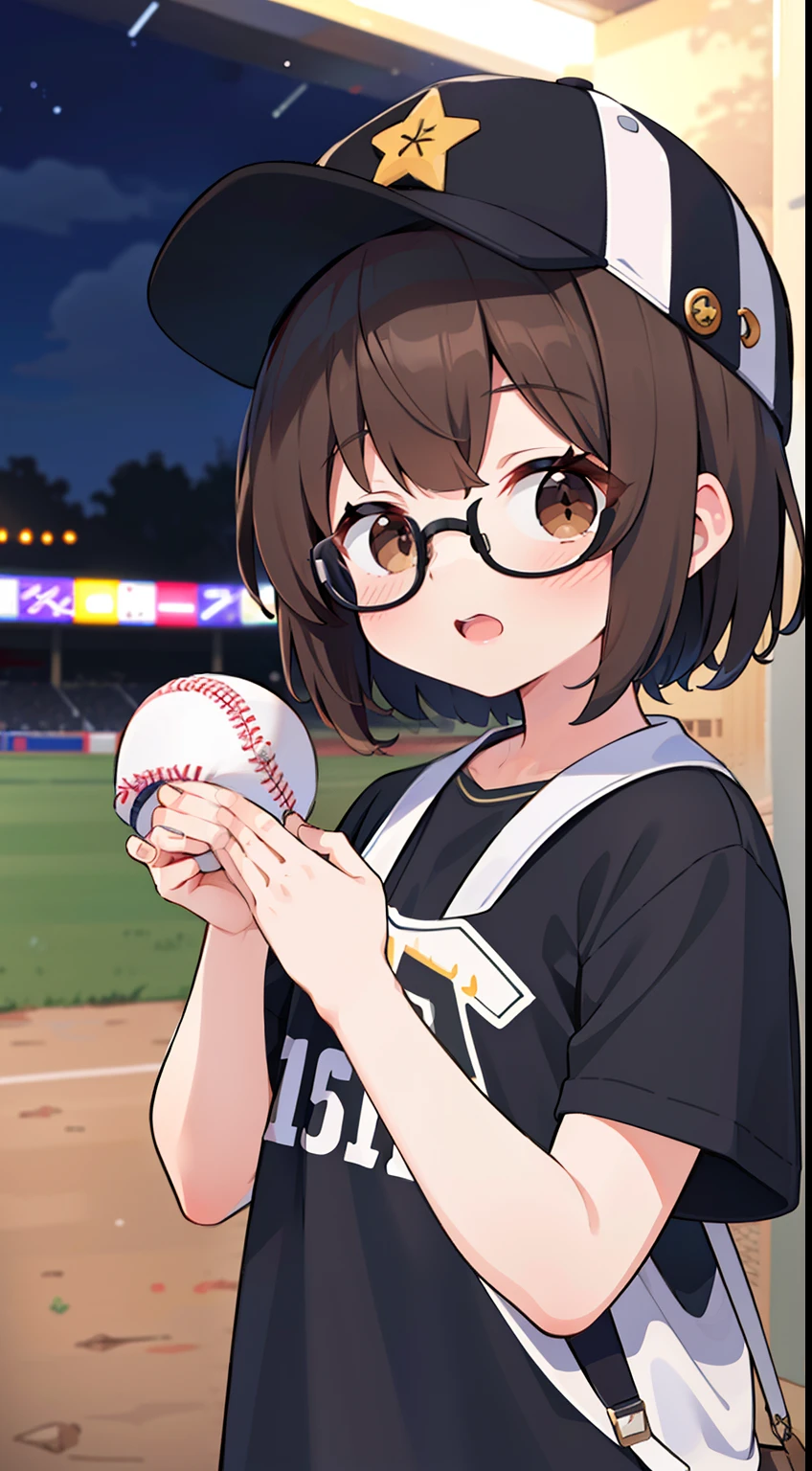 (masutepiece, Best Quality, Capture super cute moments, depth of fields, ultra-detailliert, Ultra High Resolution, C4D, Octadale, 3D Modeling, 8K, 16 K, girl with、a 、A dark-haired、short-hair、straight haired、Light brown eyes、hair adornments、wearing black glasses、cute face)、baseball field、night starly sky、Night games、Baseball Uniforms、Baseball Cap