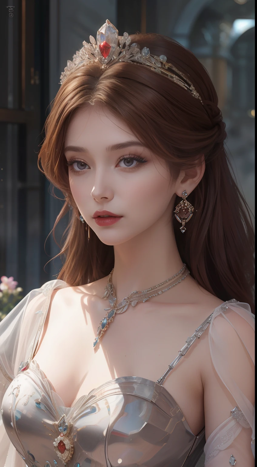 tmasterpiece,Highest image quality,A bust of a beautiful royal maiden,Delicate reddish-brown hairstyle,Black eyes are crystal clear,Exquisite craft jewelry,Decorate with flowers,Jewelry earrings,super detailing。