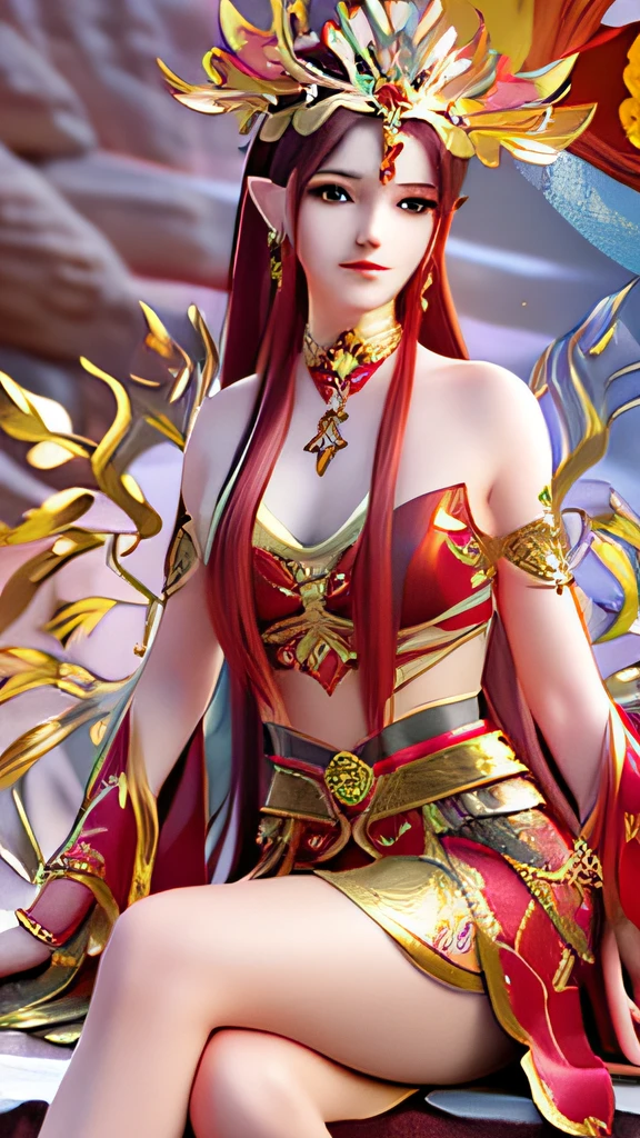 a woman in a red and gold outfit sitting on a rock, a beautiful fantasy empress, ((a beautiful fantasy empress)), anime goddess, 2. 5 d cgi anime fantasy artwork, beautiful character painting, fantasy woman, beautiful and elegant elf queen, fantasy art style, beautiful alluring anime woman, extremely detailed artgerm, epic fantasy art style hd