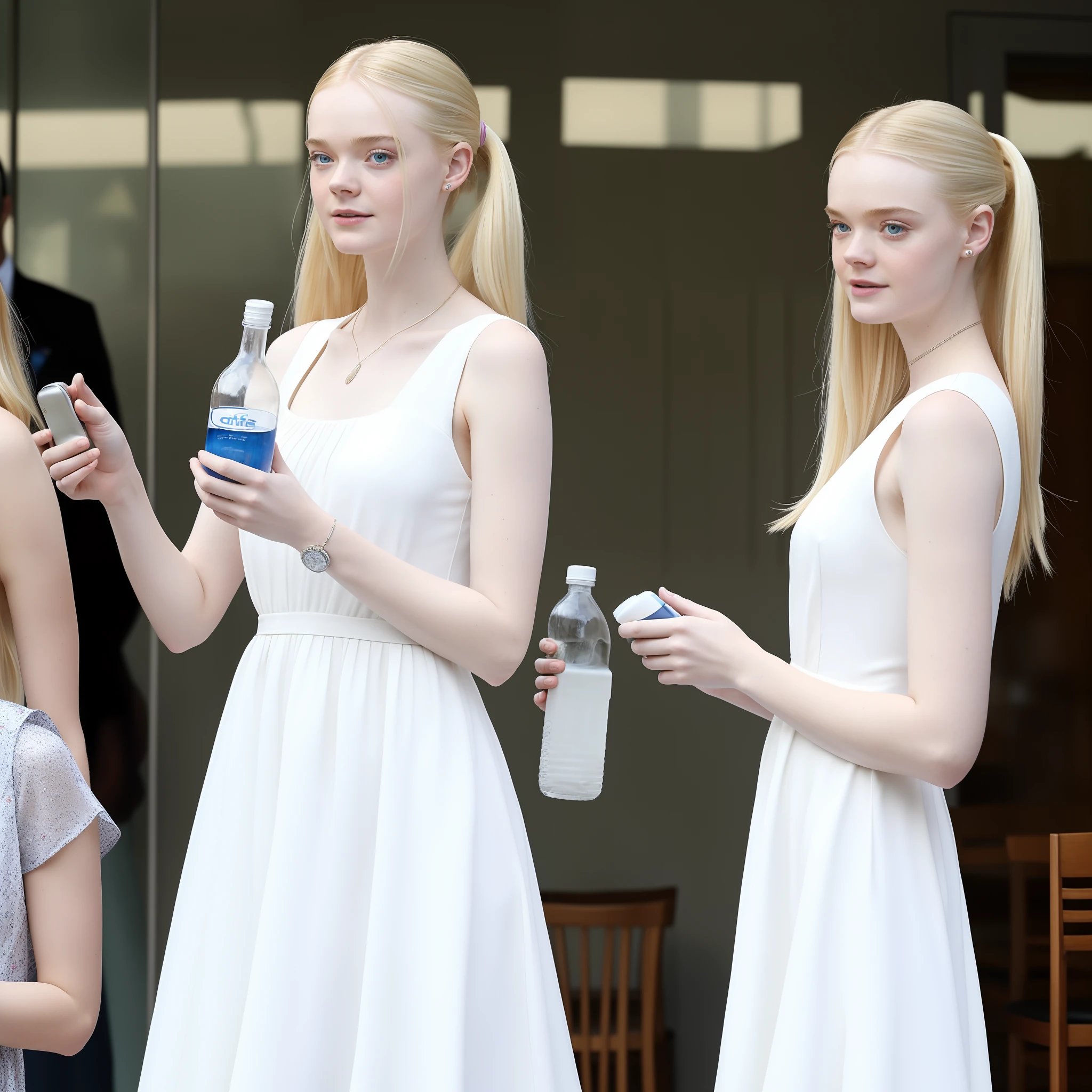 A araffed blonde woman in white dress holding a bottle of water and a cell phone, elle fanning), elle fanning, dakota fanning, elle fanning at a diner, wearing a white sundress, pale fair skin!!, her hair is in a pony tail, emma roberts, sophie turner, sophie turner girl, wearing sundress, pale skin!, wearing a sundress, solo