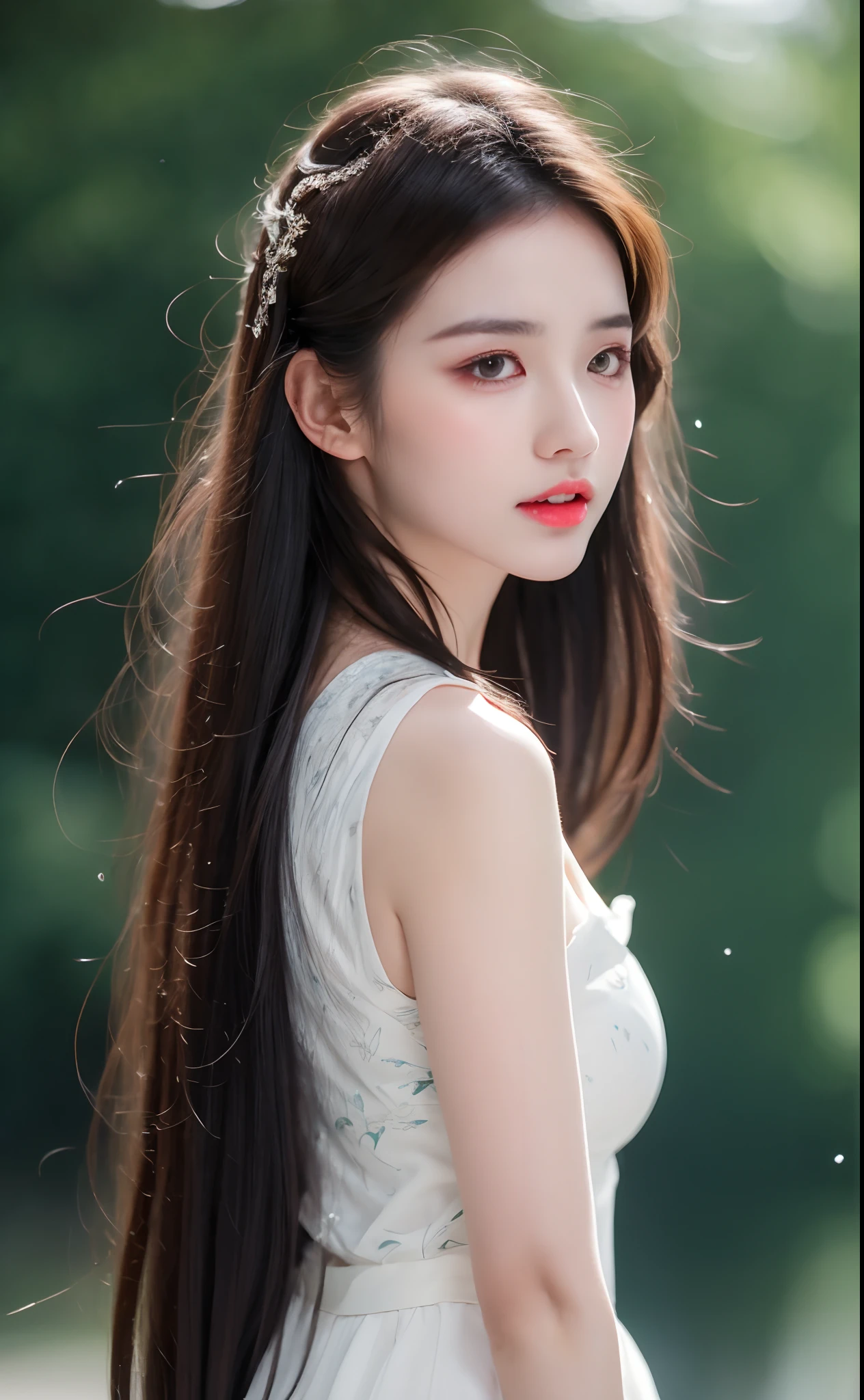 ((Best Quality, 8k, Masterpiece: 1.3)), Focus: 1.2, Perfect Body Beauty: 1.4, Buttocks: 1.2, ((Layered Haircut)), (Wet Clothes: 1.1), (Rain, Street:1.3), (Breasts: 1.2), (Hanfu: 1.2), Bare Shoulders, Bare Legs, Highly Detailed Face and Skin Texture, Fine Eyes, Double Eyelids, Whitened Skin, Long Hair, (Shut Up: 1.5), (Bokeh Background: 1.5), Big Breasts