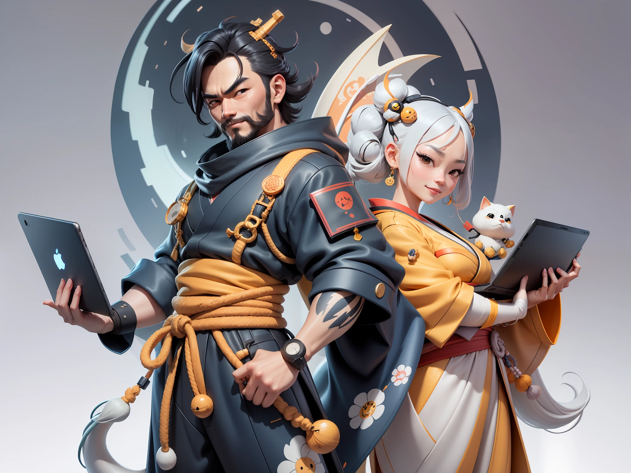 (Daisaku),(Need),(Super meticulous),(full bodyesbian:1.2),Japanese ukiyo-e girl,japanese geisha,Beautiful,Oriental dragon,Aeolian Thor,Raised sexy,爆乳,Oriental face,TV Anchor,Bust portrait illustration,Alone,In black suit,a blue tie,The face is slightly chubby,The face was clean,without a beard,Black super short hair,Black eyes,Smile confidently,3C computer sub-products,iPad, iphone,Digital painting,3D character design by Mark Clairen and Pixar and Hayao Miyazaki and Akira Toriyama,The illustration is a high-definition illustration in 4K resolution,With very detailed facial features and cartoon-style visuals。