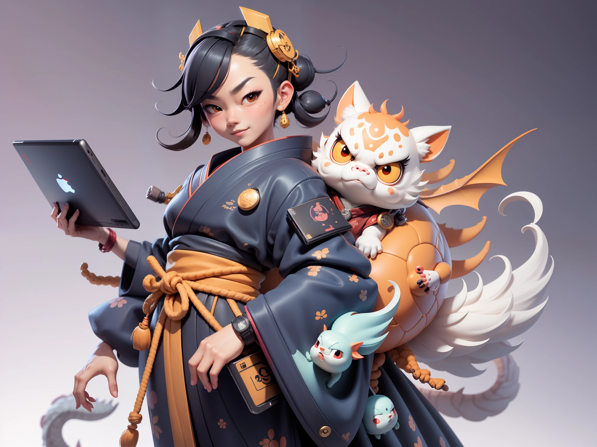 (Daisaku),(Need),(Super meticulous),(full bodyesbian:1.2),Japanese ukiyo-e girl，japanese geisha，Beautiful，Oriental dragon，Aeolian Thor，Raised sexy，爆乳，Oriental face，TV Anchor，Bust portrait illustration，Alone，In black suit，a blue tie，The face is slightly chubby，The face was clean，without a beard，Black super short hair，Black eyes，Smile confidently，3C computer sub-products，iPad， iphone，Digital painting，3D character design by Mark Clairen and Pixar and Hayao Miyazaki and Akira Toriyama，The illustration is a high-definition illustration in 4K resolution，With very detailed facial features and cartoon-style visuals。