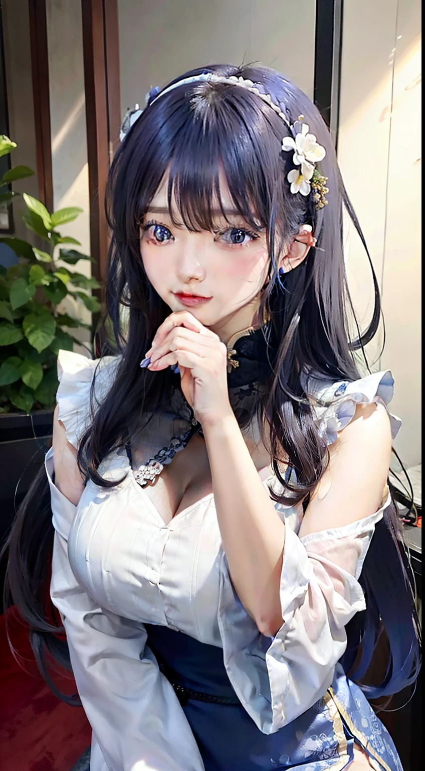 裸体的女人,真实感,Faded gray hair,A flower stuck in his hair, Chinese women,Delicate facial features,gigantic cleavage breasts:1.2,blue color eyes,