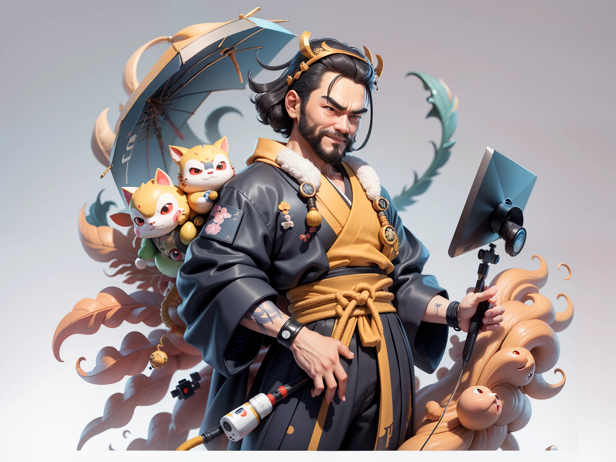 (Daisaku),(Need),(Super meticulous),(full bodyesbian:1.2),Japanese ukiyo-e girl,japanese geisha,Beautiful,Oriental dragon,Aeolian Thor,Raised sexy,爆乳,Oriental face,TV Anchor,Bust portrait illustration,Alone,In black suit,a blue tie,The face is slightly chubby,The face was clean,without a beard,Black super short hair,Black eyes,Smile confidently,3C computer sub-products,iPad, iphone,Digital painting,3D character design by Mark Clairen and Pixar and Hayao Miyazaki and Akira Toriyama,The illustration is a high-definition illustration in 4K resolution,With very detailed facial features and cartoon-style visuals。
