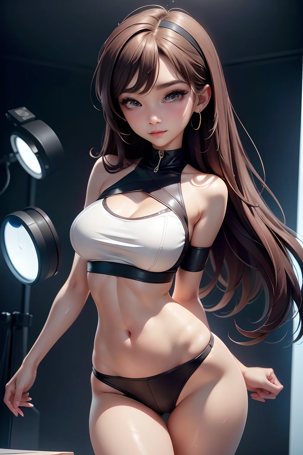 (Solo exhibition), (a detailed full-body RAW photo of a girl), (tmasterpiece:1.0), (best qualtiy:1.4), (超高分辨率:1.2), (realisticlying:1.4), 8K分辨率, a Canon EOS R5, 50mm, absurderes, hyper-detailing, (20yr old), Sharp focus, cinmatic lighting, Detailed beautiful face, (putting makeup on:1.2), (ulzzang-6500-v1.1), Petite figure, detailed skin textures, paleskin, a flat chest, (Slimming and bodybuilding:1.3), thigh gap, Delicate brown hair,sweltering heat,Open your hands,Pick up your clothes,((wiping sweat))、(Very messy hair:1.5),ssmile,(Sports bra,sport leggings:1.4),realistic glittering skin,(perspired:1.45),Slim waist,Tempting,ssmile,