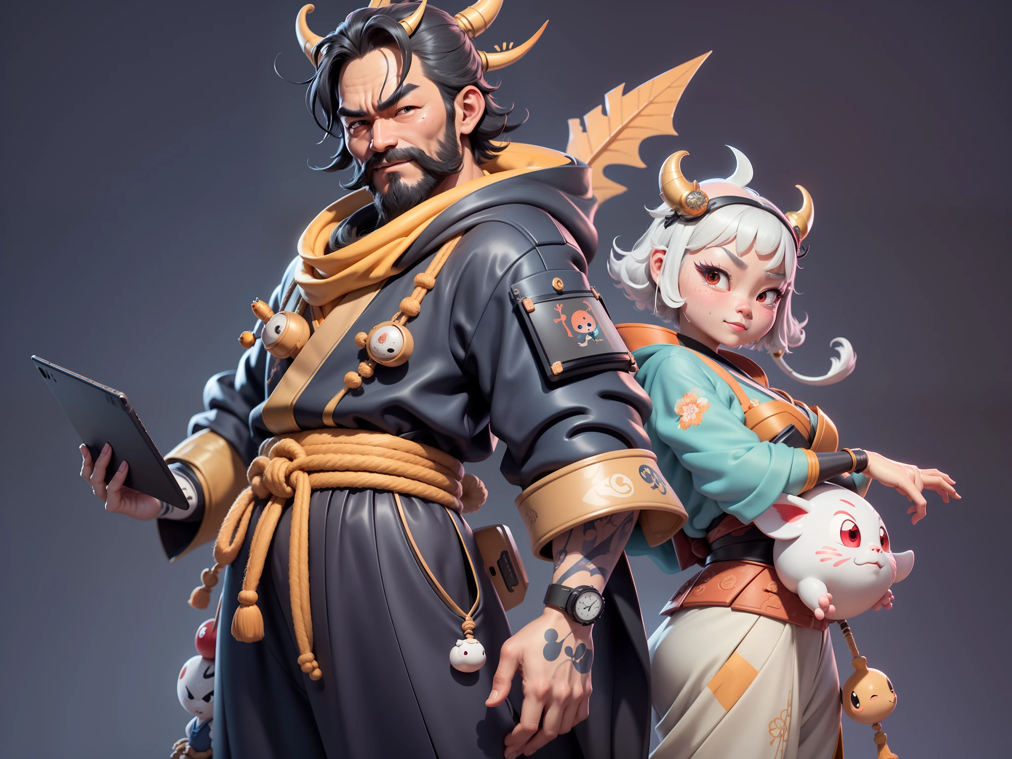(Daisaku),(Need),(Super meticulous),(full bodyesbian:1.2),Japanese ukiyo-e girl,japanese geisha,Beautiful,Oriental dragon,Aeolian Thor,Raised sexy,爆乳,Oriental face,TV Anchor,Bust portrait illustration,Alone,In black suit,a blue tie,The face is slightly chubby,The face was clean,without a beard,Black super short hair,Black eyes,Smile confidently,3C computer sub-products,iPad, iphone,Digital painting,3D character design by Mark Clairen and Pixar and Hayao Miyazaki and Akira Toriyama,The illustration is a high-definition illustration in 4K resolution,With very detailed facial features and cartoon-style visuals。