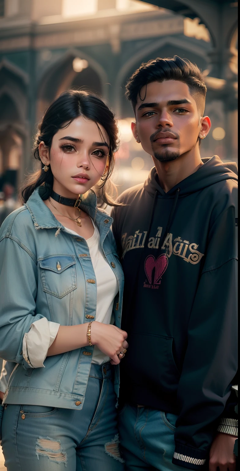Couple's where girl wearing denim jacket and jeans and the boy wearing palm angels hoodie and trouser with the background of taj mahal