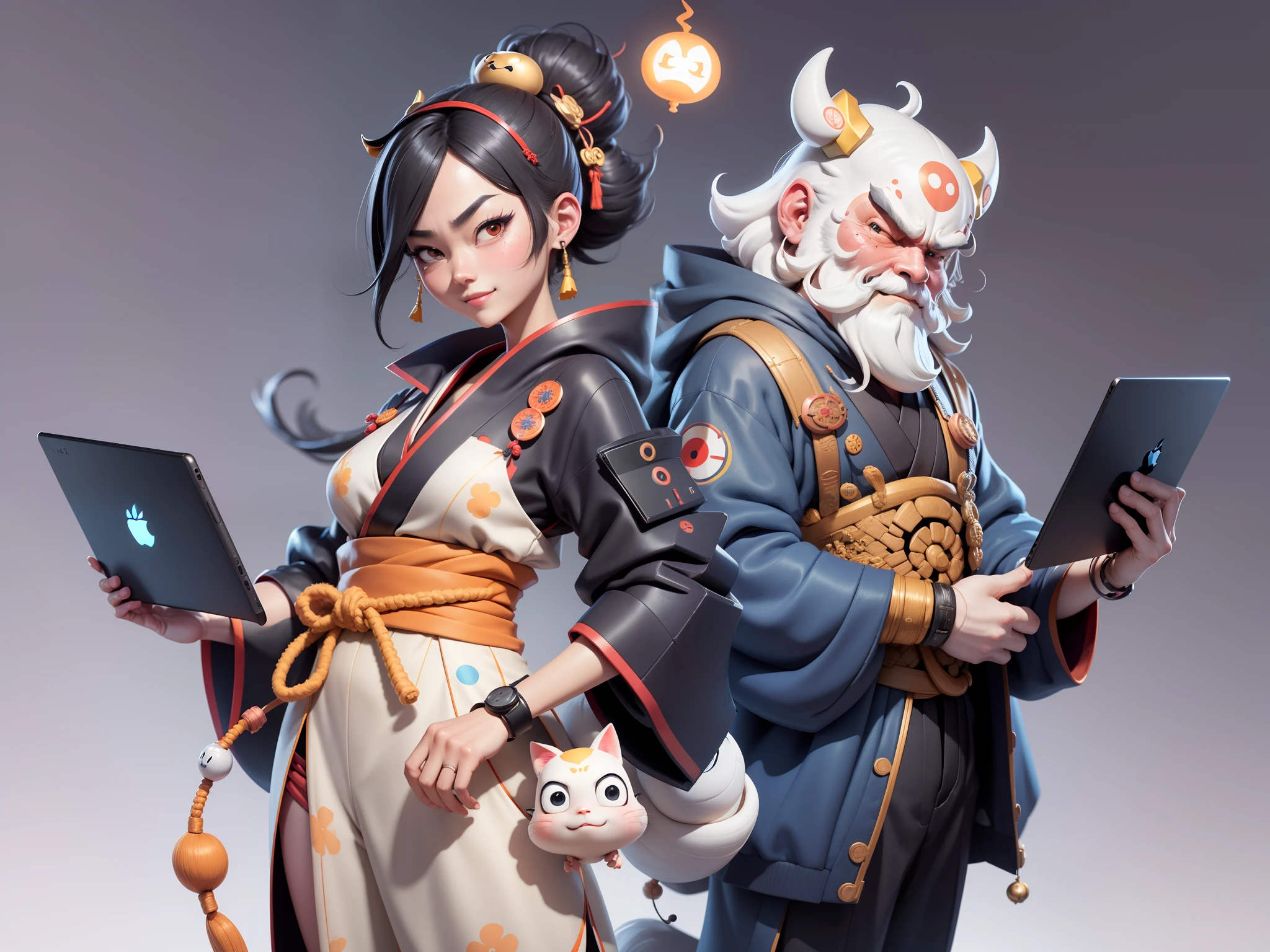(Daisaku),(Need),(Super meticulous),(full bodyesbian:1.2),Japanese ukiyo-e girl,japanese geisha,Beautiful,Oriental dragon,Aeolian Thor,Raised sexy,爆乳,Oriental face,TV Anchor,Bust portrait illustration,Alone,In black suit,a blue tie,The face is slightly chubby,The face was clean,without a beard,Black super short hair,Black eyes,Smile confidently,3C computer sub-products,iPad, iphone,Digital painting,3D character design by Mark Clairen and Pixar and Hayao Miyazaki and Akira Toriyama,The illustration is a high-definition illustration in 4K resolution,With very detailed facial features and cartoon-style visuals。