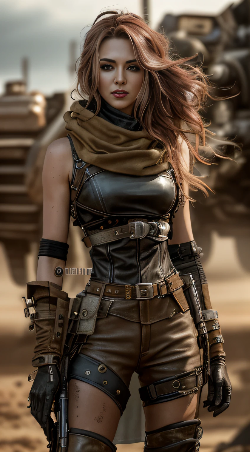 A woman in a leather coat and gloves poses for a photo, post apocalyptic style, Post - Doomsday Cowgirl, postapocalyptic vibes, in mad max style, fashionable rpg clothing, mighty princess of the wasteland, Female hooligans, fantasy leather clothing, beautiful female assassin, Post-apocalyptic clothing, Mad Max inspiration, Female Assassin, warrior costume, Leather sci-fi armor