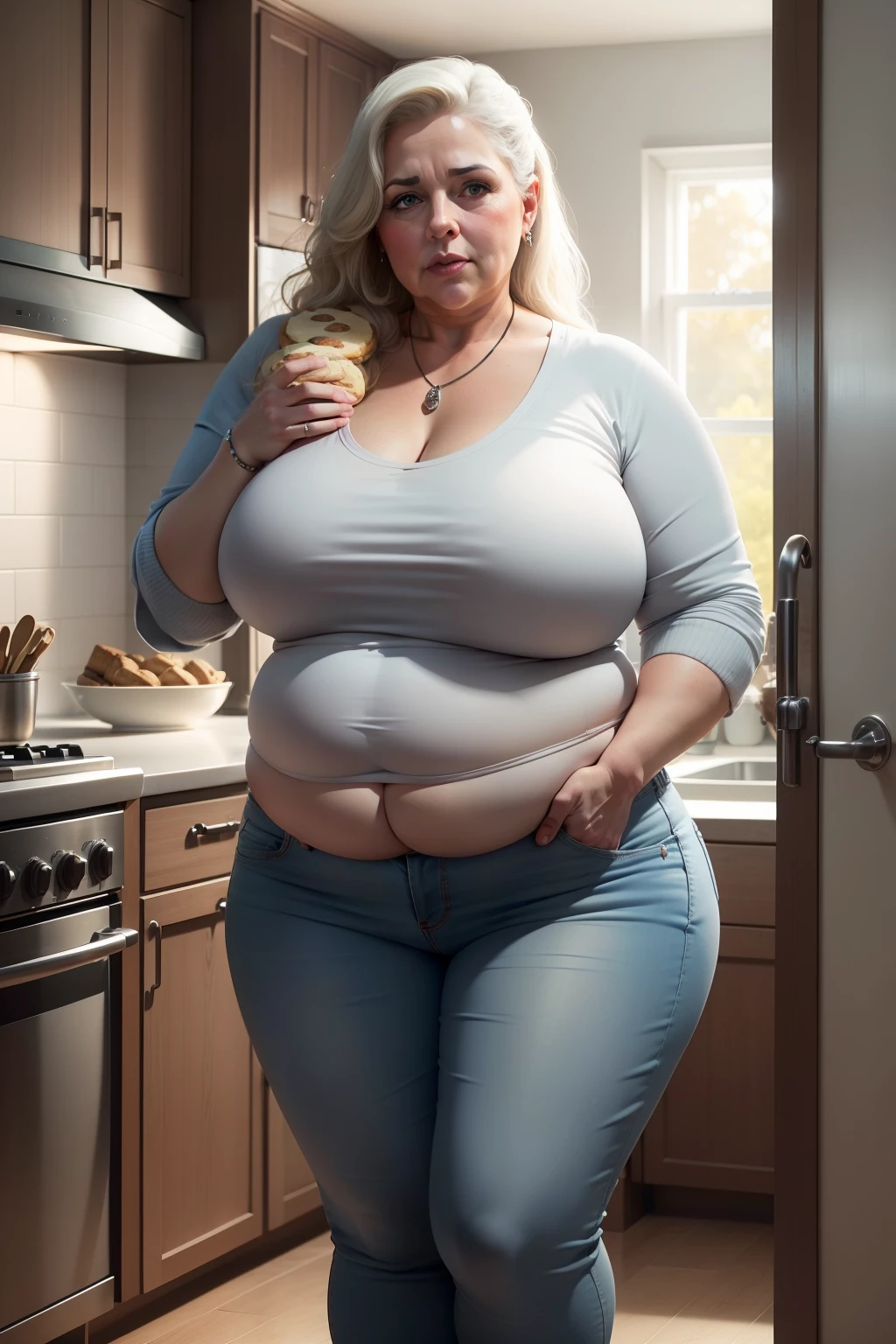 Make a fifty-year-old white woman, Sad guy very obese with very bulky belly all dressed in long jeans holding several cookies in his hands and with a plate full of cookies hidden in a kitchen with an ultra realistic photo full hd