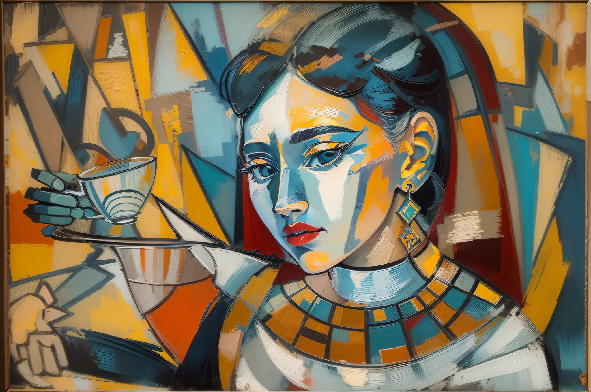 ((top-quality、8K))，((Picasso-style painting))，(Young woman holding coffee cup)，Complex colors，