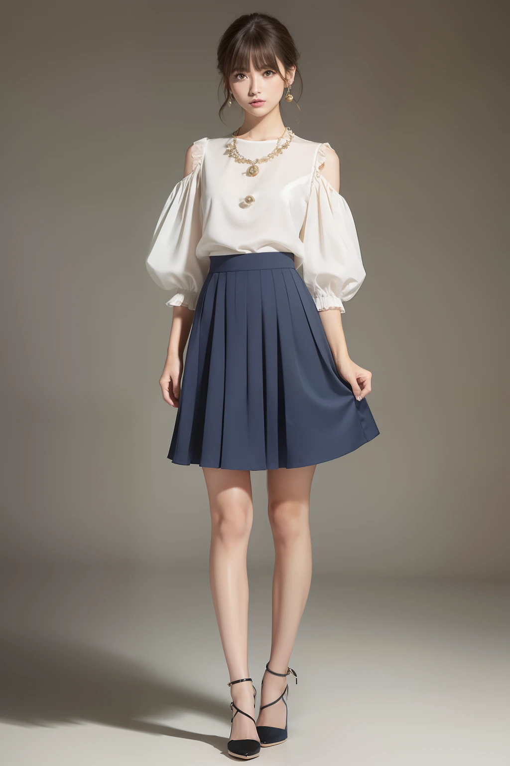 "Styles worn by girlish women in spring and summer in business scene。Facial Hair Design、It is a bright wave with bangs spreading to the side。Hairstyle silhouette short bob and natural wave。Hair color is honey blonde and bright impression。Hair styling is simple and girlish accents。Tops are ruffled blouses and bright colors。The bottoms are made of light material with a flared skirt。The shoes have a light design with pumps。Made from silk and chiffon。Accessories Pearl necklace and cute earrings。
"