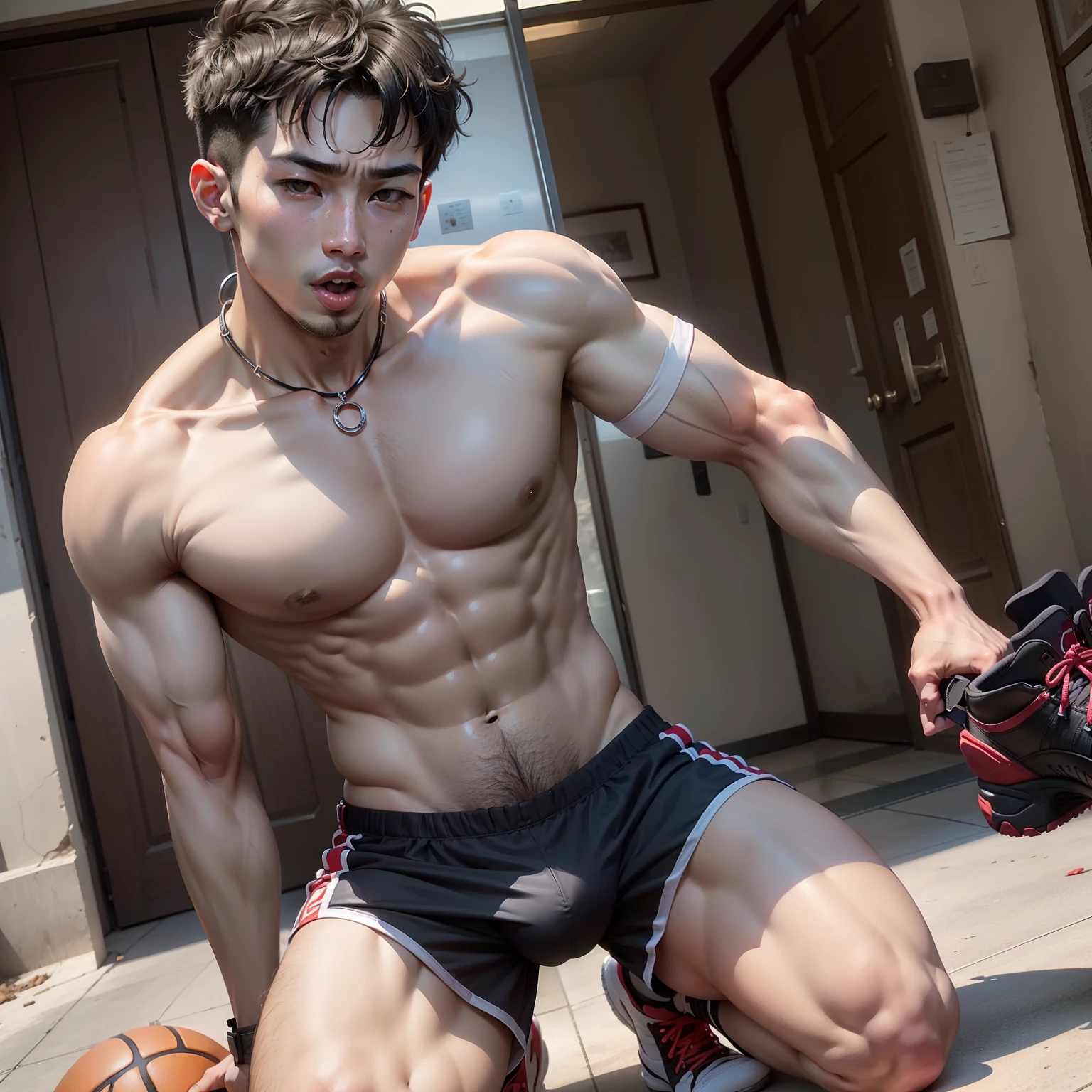 Libido boy,Chinese face,Vicissitudes,Shandong people,18yr old,Graduated from high school,The skin is slightly dark,Wheat-colored skin,Delicate skin,bulging blood vessels,Sunshine Big Boy,Gay men,nakeness,genitalia erection,masturbated,Wear basketball shoes,Kneeling on both knees,Weakness of the pectoral muscles may be seen,Scarred,handcuff,Collar,Stick out your tongue